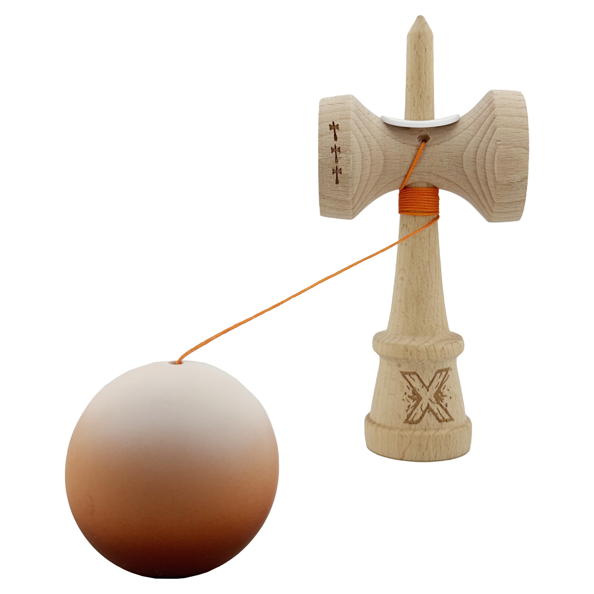 Kendama X Originala, Profesionala, Flippy, Cupe Mari KING SIZE V3, Rubber Grip, Gaura in Baza, Rulment Metalic, din lemn 18 cm, Ata 62/65 cm, Gradient Alb/Maro