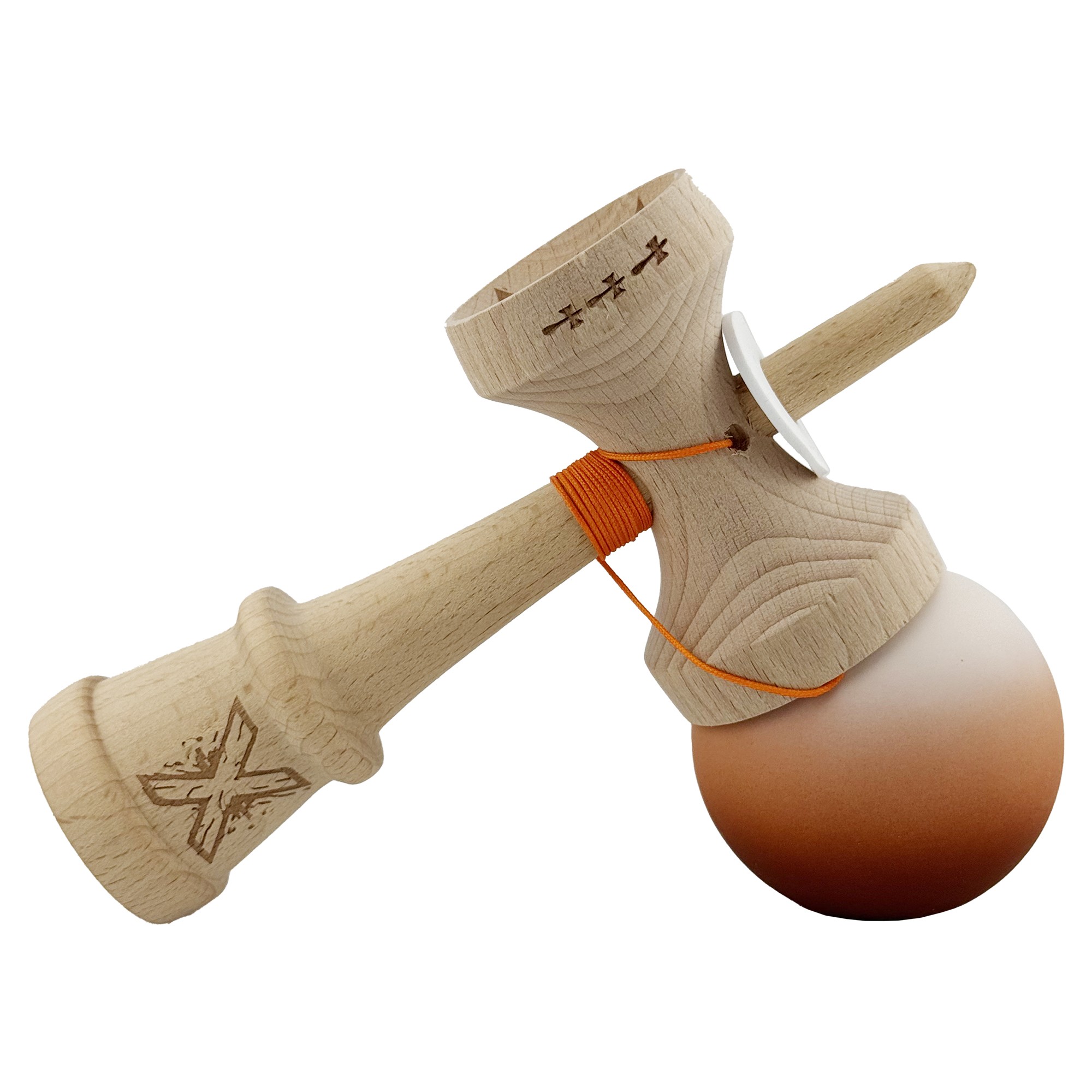 Kendama X Originala, Profesionala, Flippy, Cupe Mari KING SIZE V3, Rubber Grip, Gaura in Baza, Rulment Metalic, din lemn 18 cm, Ata 62/65 cm, Gradient Alb/Maro