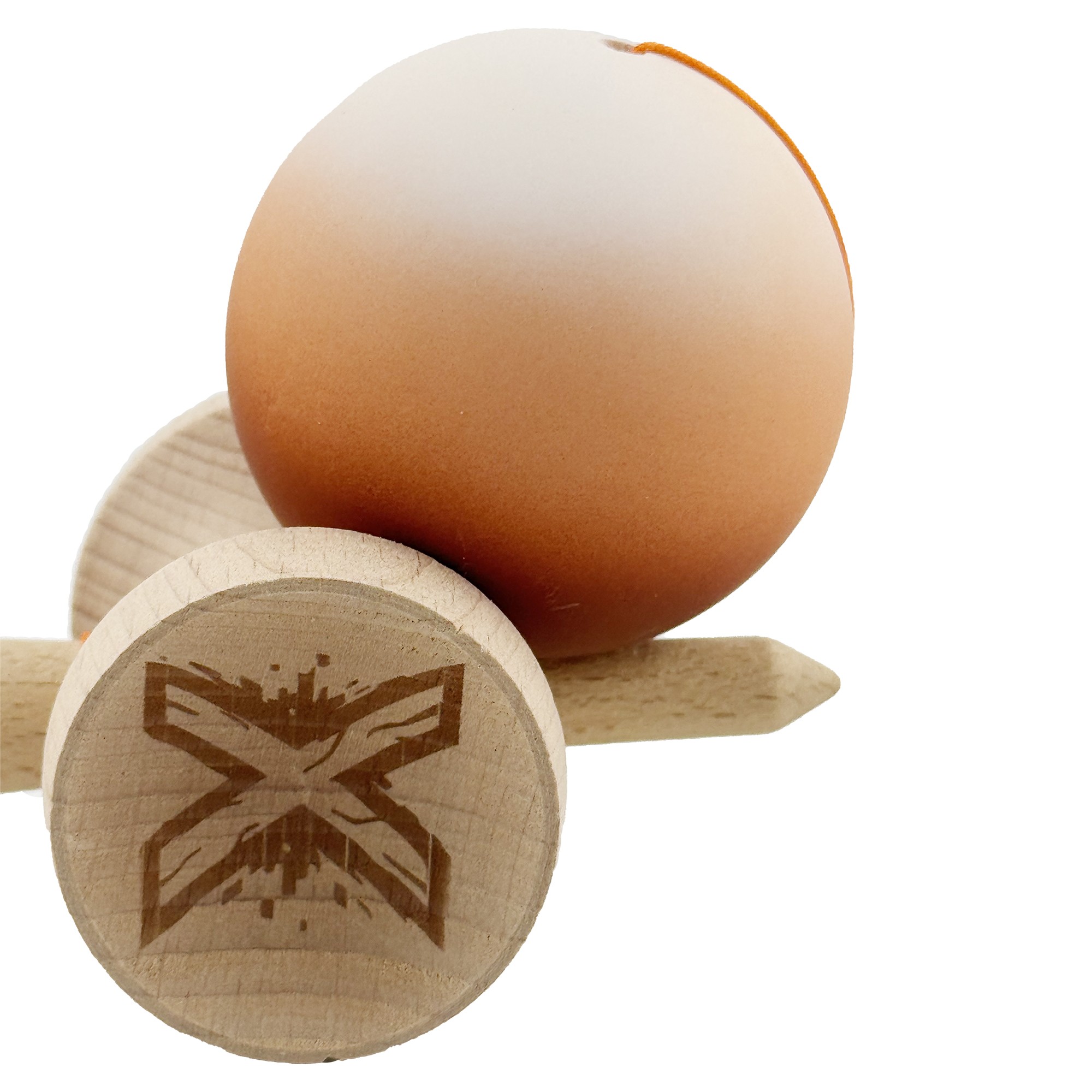 Kendama X Originala, Profesionala, Flippy, Cupe Mari KING SIZE V3, Rubber Grip, Gaura in Baza, Rulment Metalic, din lemn 18 cm, Ata 62/65 cm, Gradient Alb/Maro