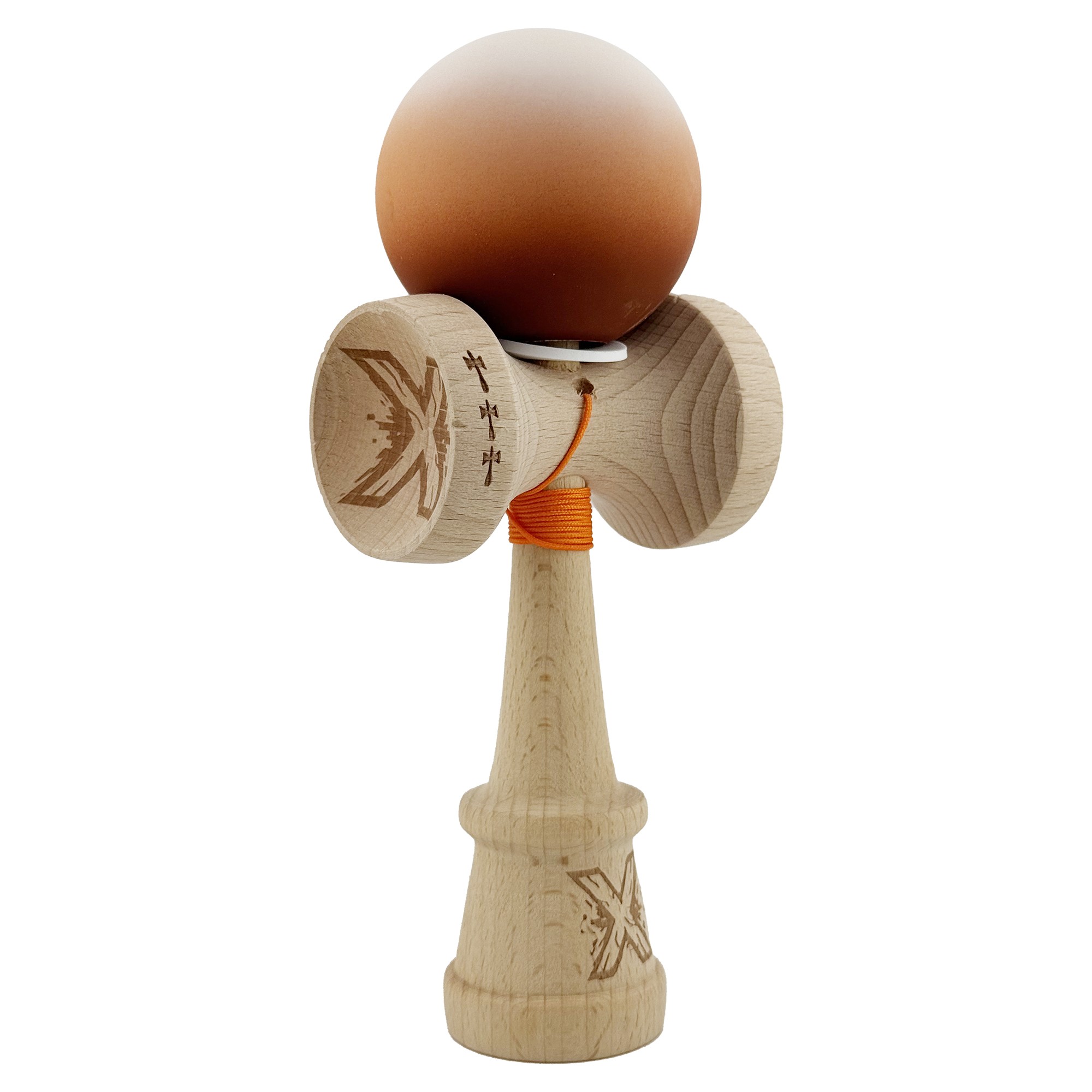 Kendama X Originala, Profesionala, Flippy, Cupe Mari KING SIZE V3, Rubber Grip, Gaura in Baza, Rulment Metalic, din lemn 18 cm, Ata 62/65 cm, Gradient Alb/Maro