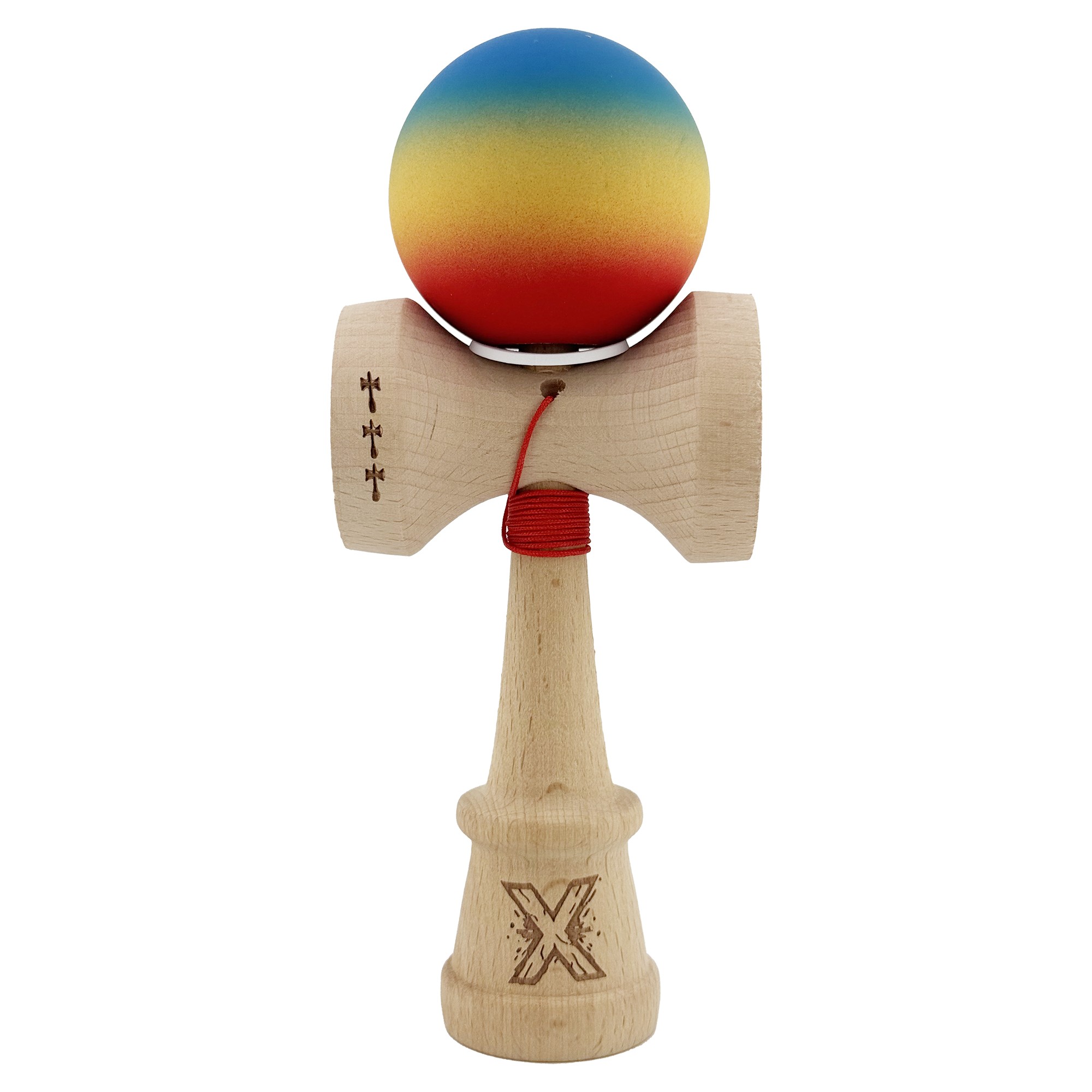 Kendama X Originala, Profesionala, Flippy, Cupe Mari KING SIZE V3, Rubber Grip, Gaura in Baza, Rulment Metalic, din lemn 18 cm, Ata 55 cm, Gradient Albastru/Galben/Rosu