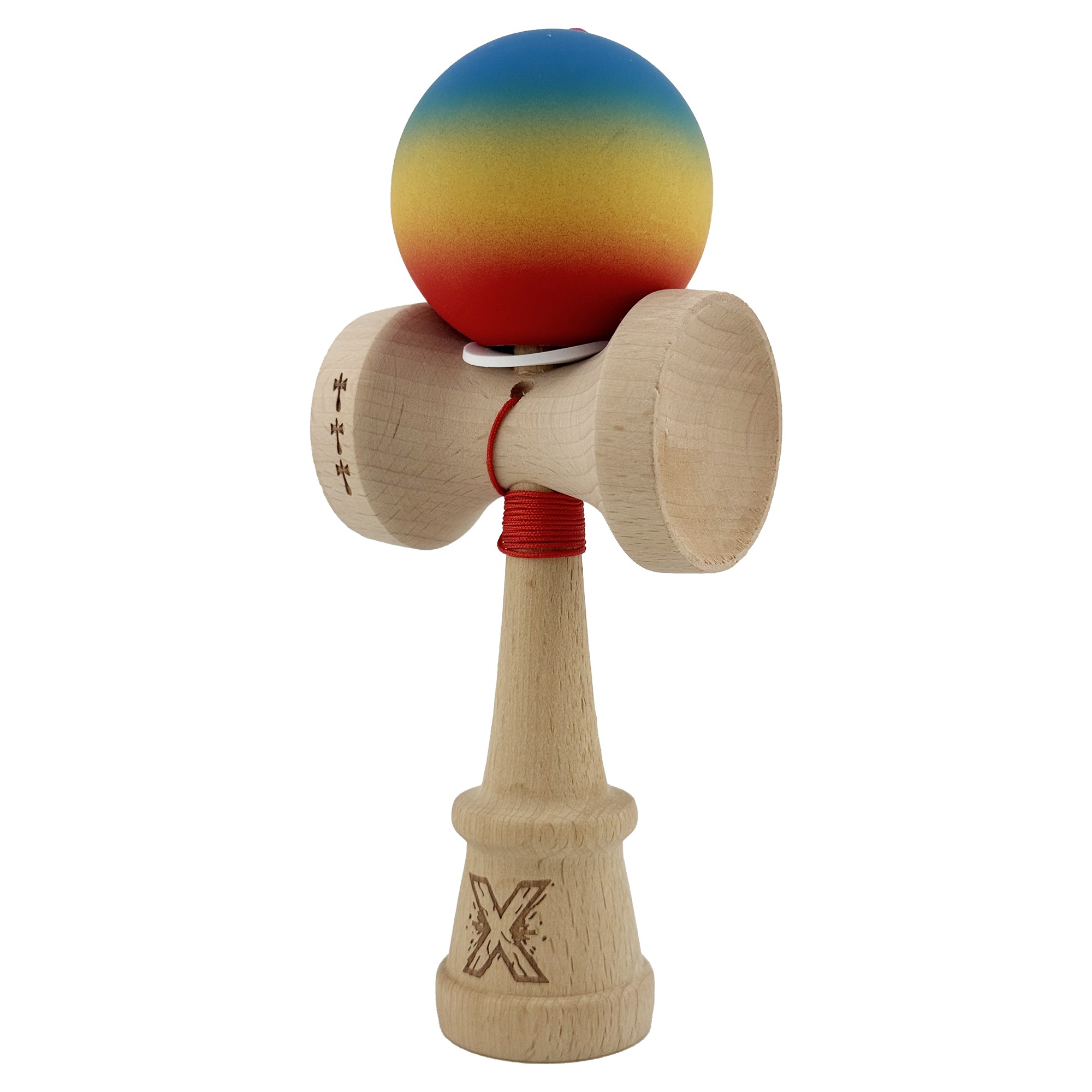 Kendama X Originala, Profesionala, Flippy, Cupe Mari KING SIZE V3, Rubber Grip, Gaura in Baza, Rulment Metalic, din lemn 18 cm, Ata 55 cm, Gradient Albastru/Galben/Rosu