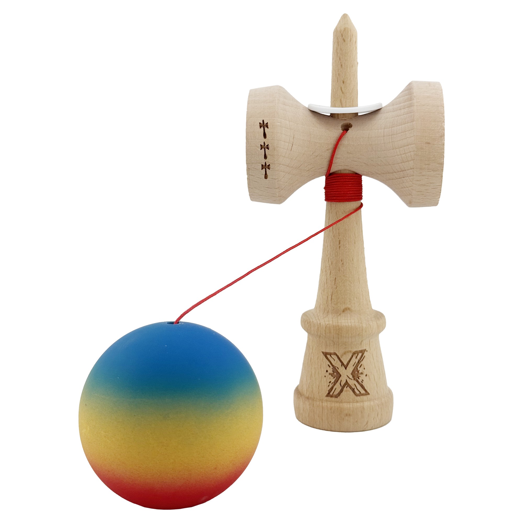 Kendama X Originala, Profesionala, Flippy, Cupe Mari KING SIZE V3, Rubber Grip, Gaura in Baza, Rulment Metalic, din lemn 18 cm, Ata 55 cm, Gradient Albastru/Galben/Rosu