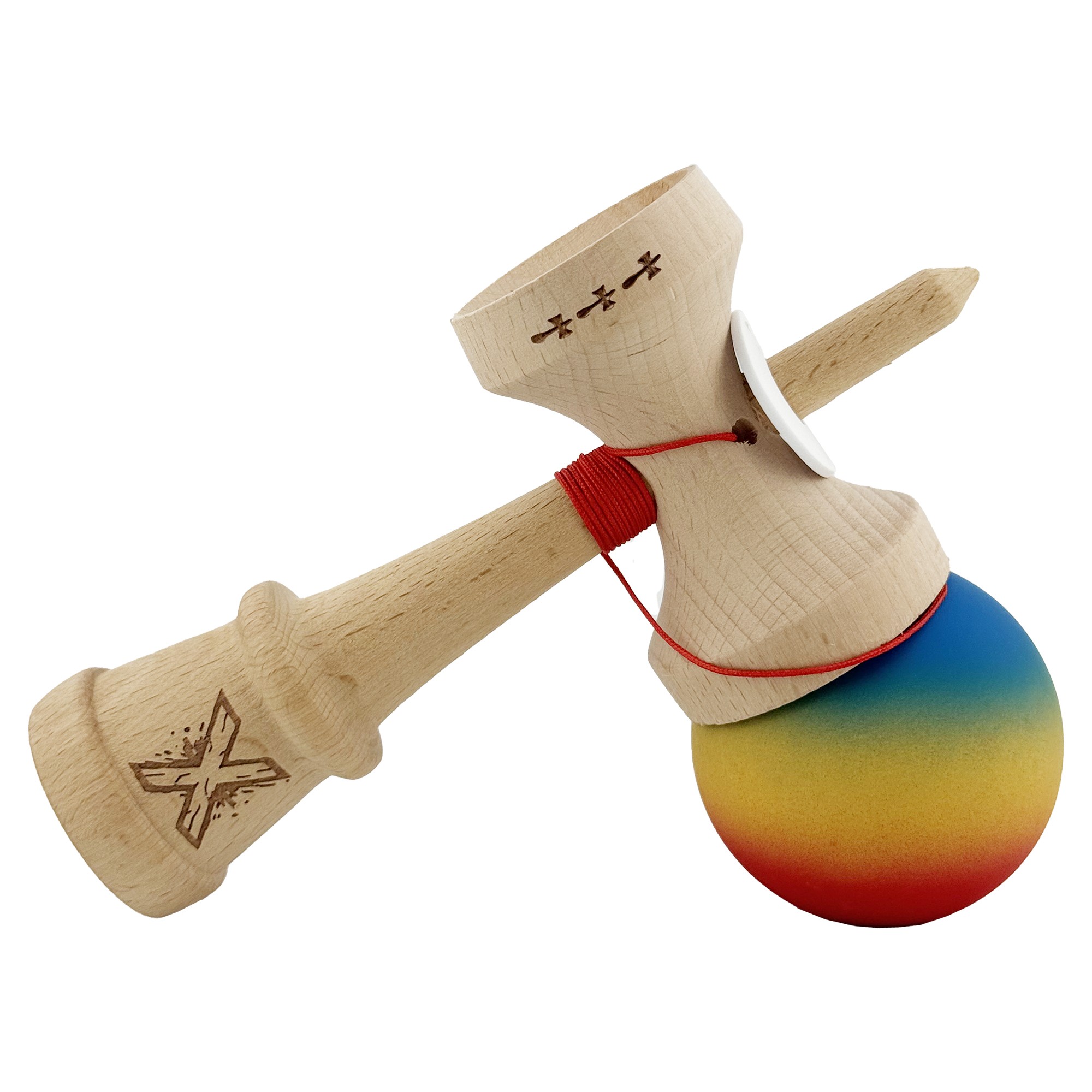 Kendama X Originala, Profesionala, Flippy, Cupe Mari KING SIZE V3, Rubber Grip, Gaura in Baza, Rulment Metalic, din lemn 18 cm, Ata 55 cm, Gradient Albastru/Galben/Rosu
