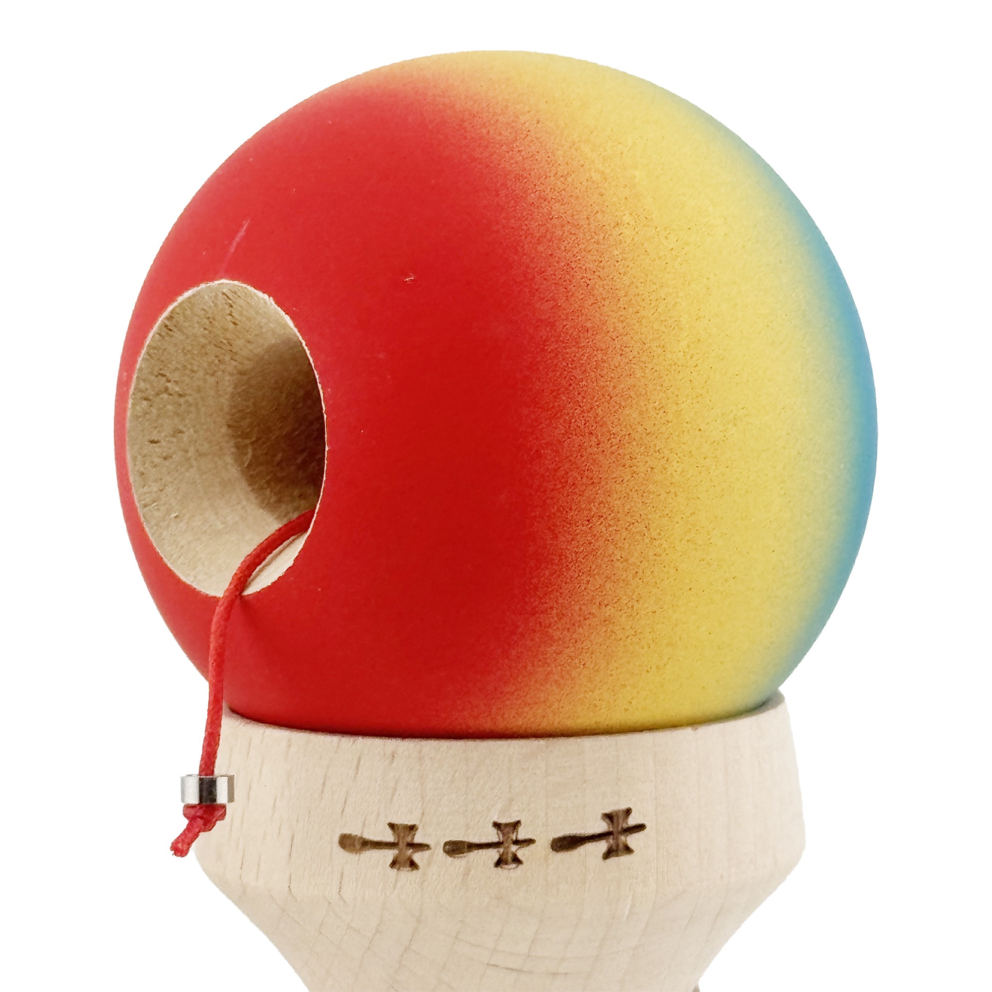 Kendama X Originala, Profesionala, Flippy, Cupe Mari KING SIZE V3, Rubber Grip, Gaura in Baza, Rulment Metalic, din lemn 18 cm, Ata 55 cm, Gradient Albastru/Galben/Rosu