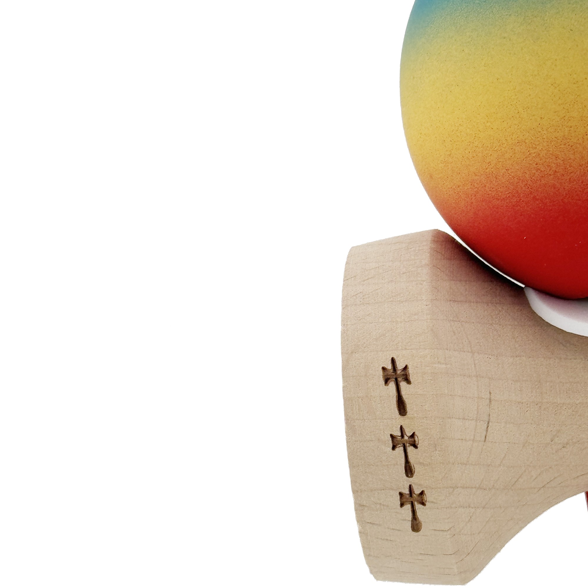 Kendama X Originala, Profesionala, Flippy, Cupe Mari KING SIZE V3, Rubber Grip, Gaura in Baza, Rulment Metalic, din lemn 18 cm, Ata 55 cm, Gradient Albastru/Galben/Rosu