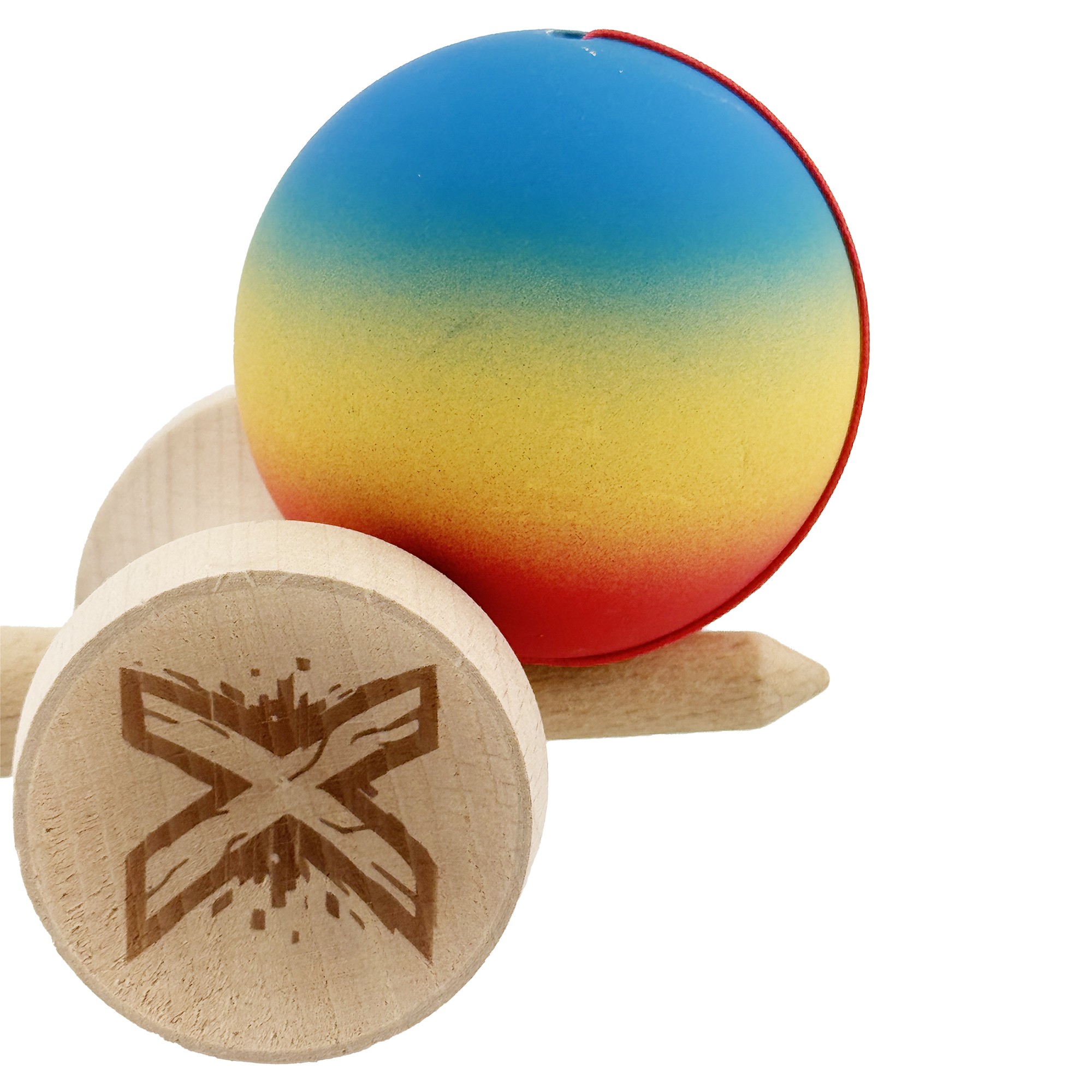 Kendama X Originala, Profesionala, Flippy, Cupe Mari KING SIZE V3, Rubber Grip, Gaura in Baza, Rulment Metalic, din lemn 18 cm, Ata 55 cm, Gradient Albastru/Galben/Rosu