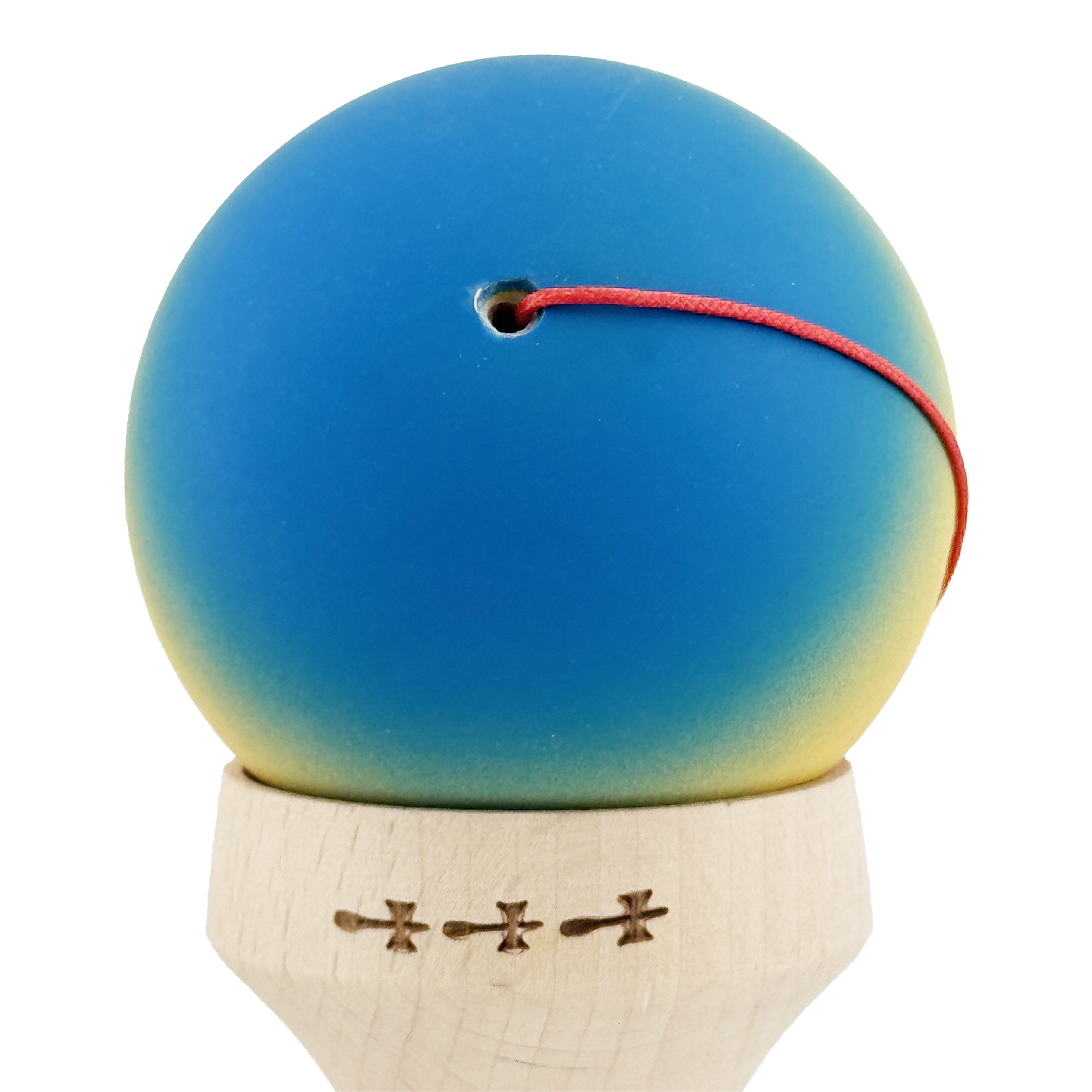 Kendama X Originala, Profesionala, Flippy, Cupe Mari KING SIZE V3, Rubber Grip, Gaura in Baza, Rulment Metalic, din lemn 18 cm, Ata 55 cm, Gradient Albastru/Galben/Rosu