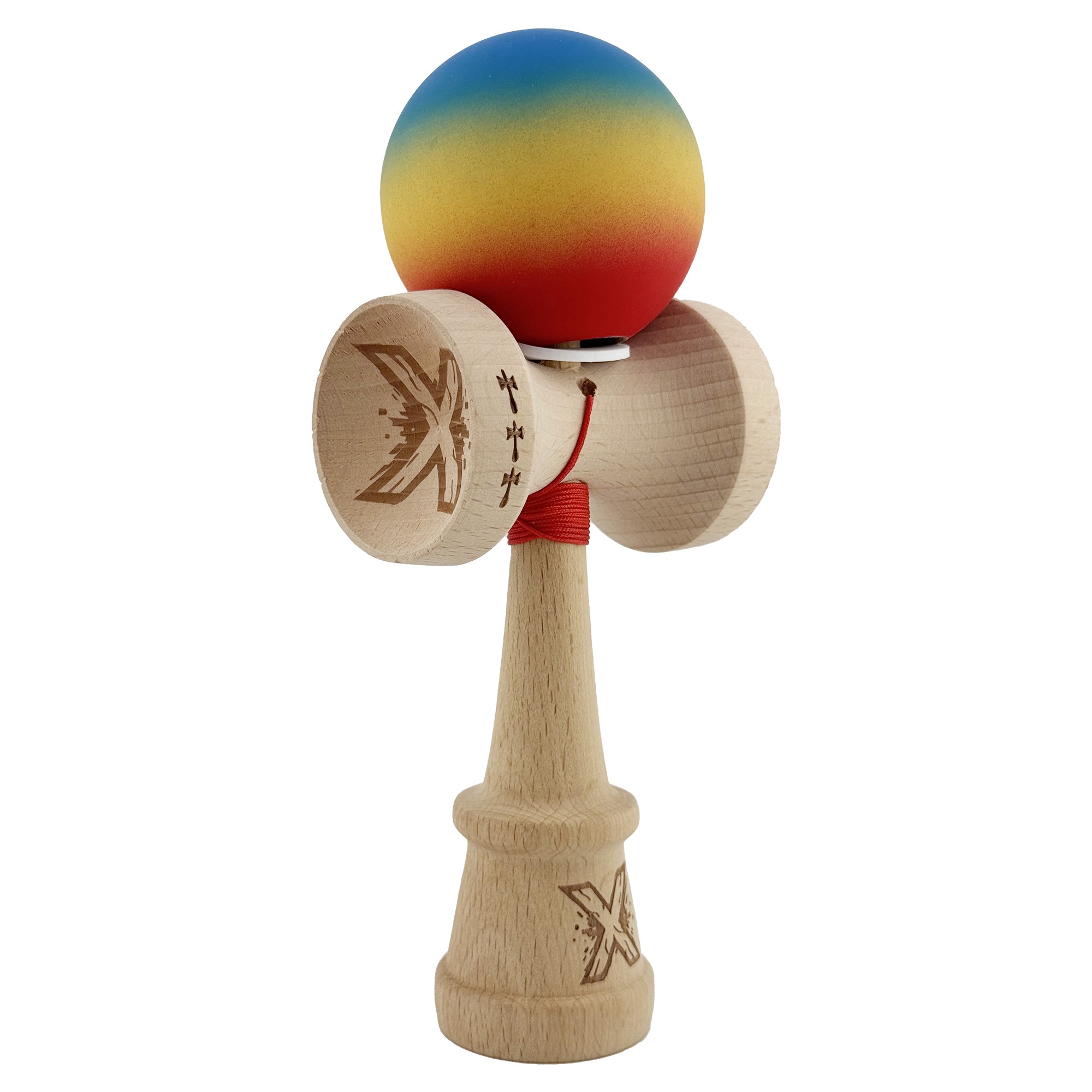 Kendama X Originala, Profesionala, Flippy, Cupe Mari KING SIZE V3, Rubber Grip, Gaura in Baza, Rulment Metalic, din lemn 18 cm, Ata 55 cm, Gradient Albastru/Galben/Rosu