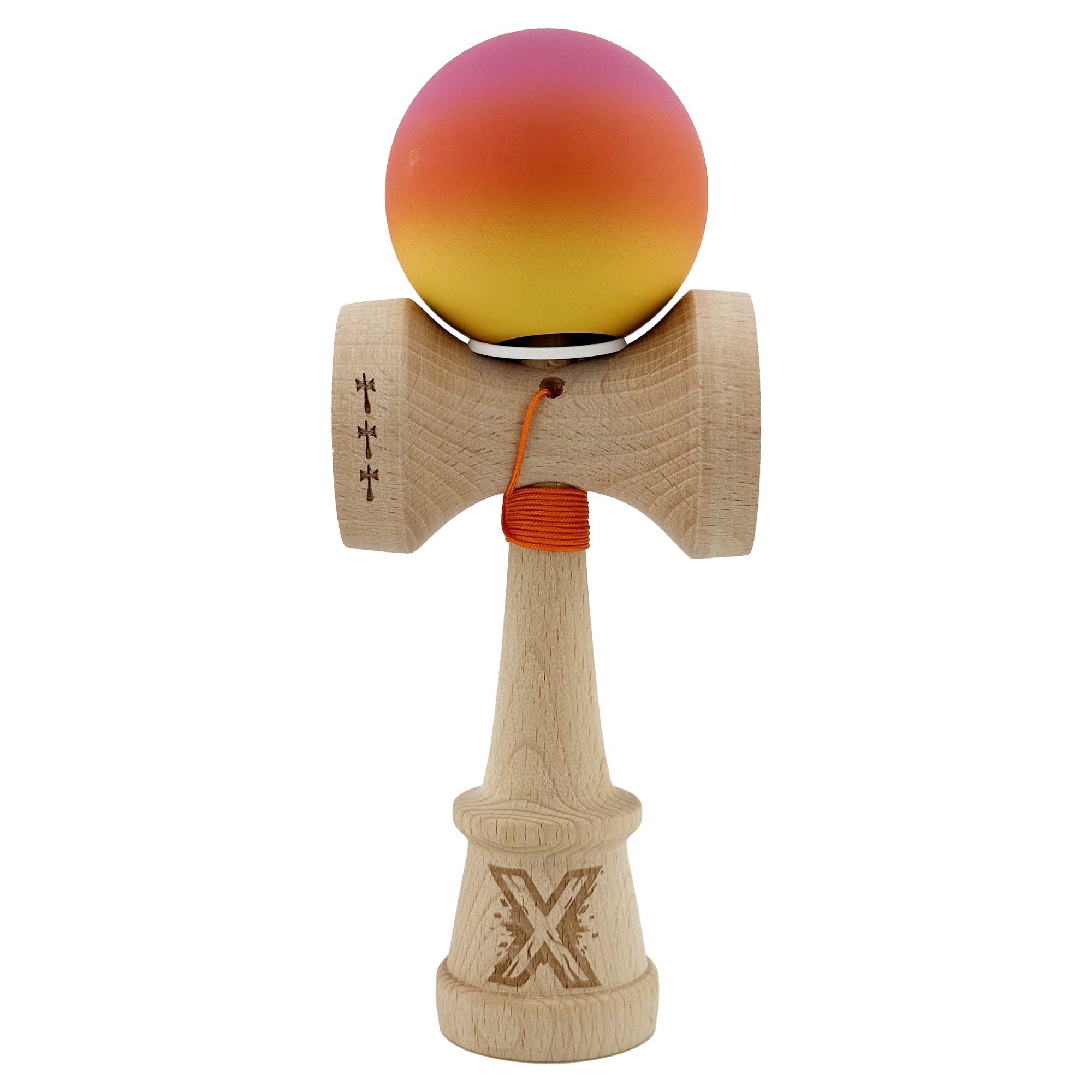 Kendama X Originala, Profesionala, Flippy, Cupe Mari KING SIZE V3, Rubber Grip, Gaura in Baza, Rulment Metalic, din lemn 18 cm, Ata 55 cm, Gradient Roz/Rosu/Galben