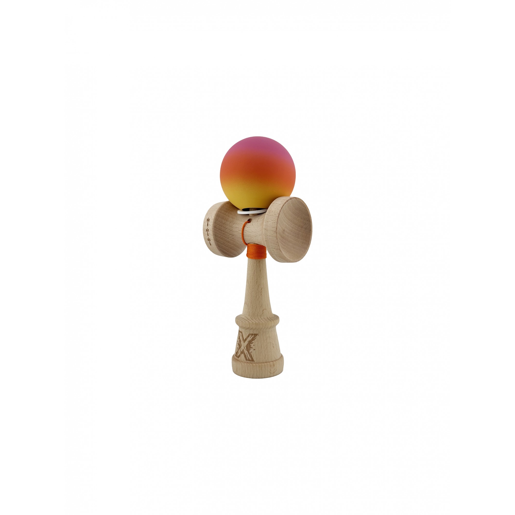 Kendama X Originala, Profesionala, Flippy, Cupe Mari KING SIZE V3, Rubber Grip, Gaura in Baza, Rulment Metalic, din lemn 18 cm, Ata 55 cm, Gradient Roz/Rosu/Galben