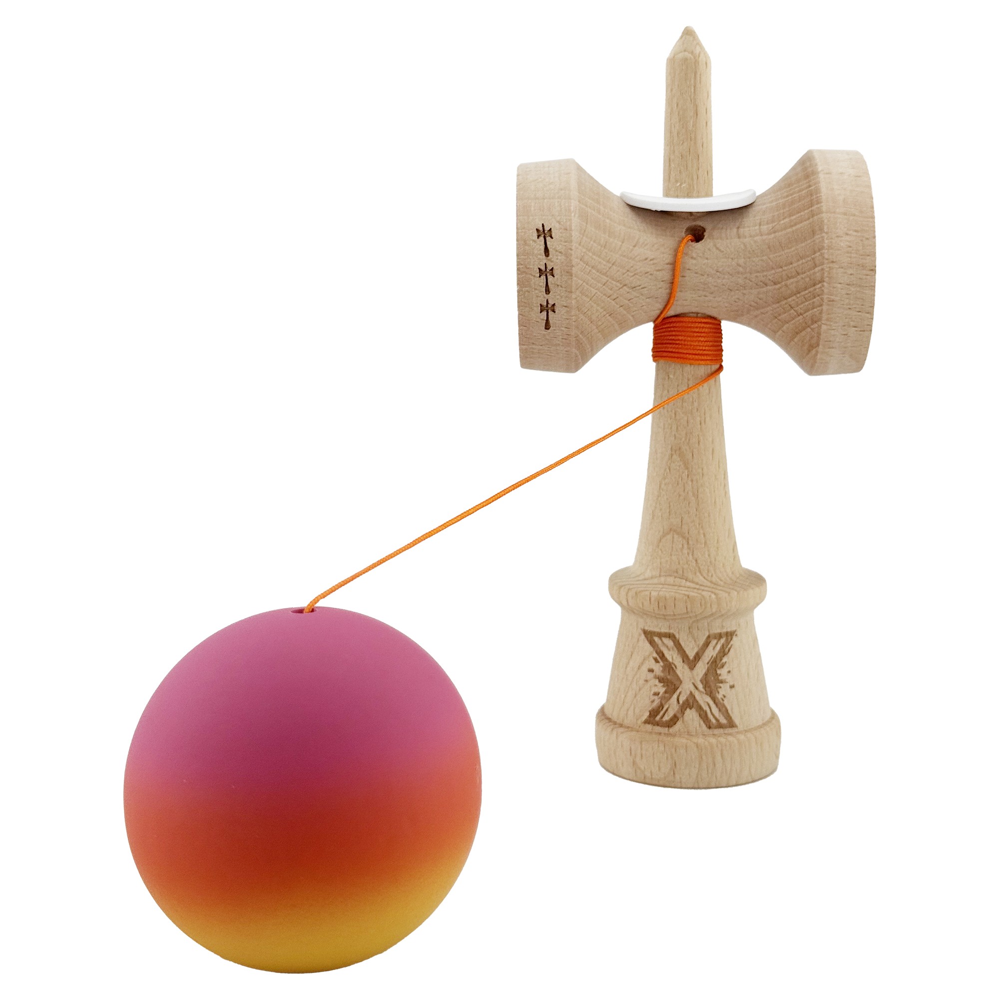 Kendama X Originala, Profesionala, Flippy, Cupe Mari KING SIZE V3, Rubber Grip, Gaura in Baza, Rulment Metalic, din lemn 18 cm, Ata 55 cm, Gradient Roz/Rosu/Galben