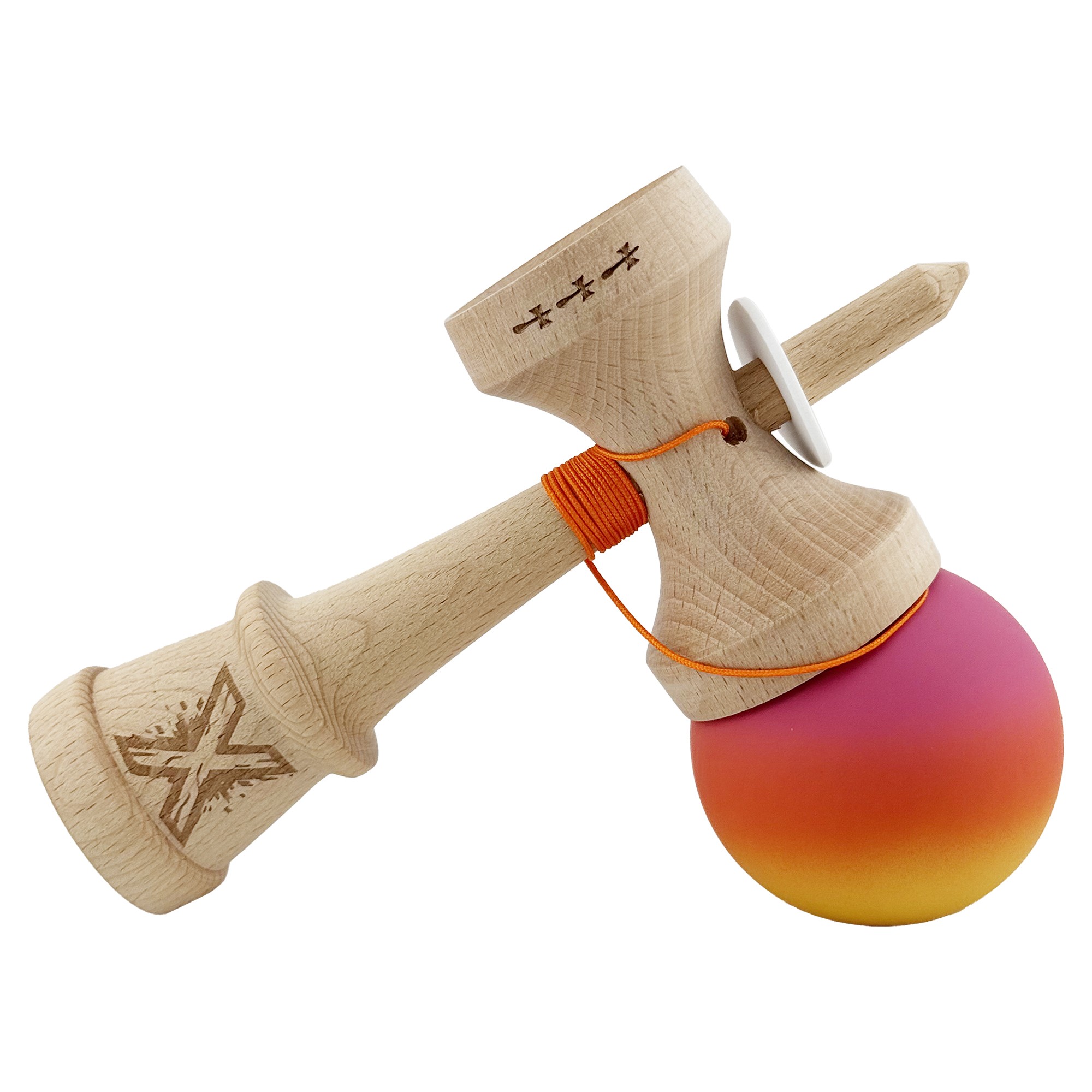 Kendama X Originala, Profesionala, Flippy, Cupe Mari KING SIZE V3, Rubber Grip, Gaura in Baza, Rulment Metalic, din lemn 18 cm, Ata 55 cm, Gradient Roz/Rosu/Galben