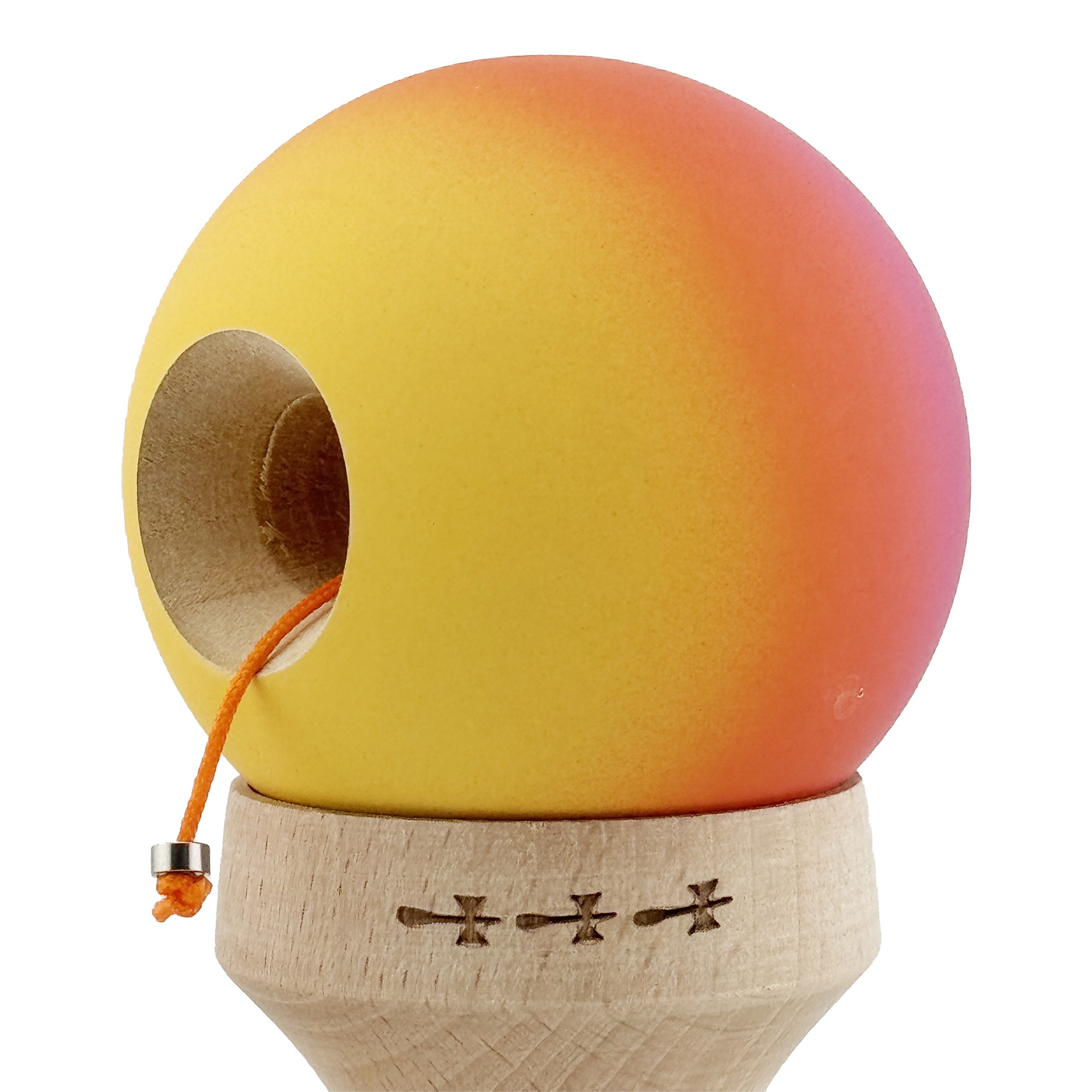 Kendama X Originala, Profesionala, Flippy, Cupe Mari KING SIZE V3, Rubber Grip, Gaura in Baza, Rulment Metalic, din lemn 18 cm, Ata 55 cm, Gradient Roz/Rosu/Galben