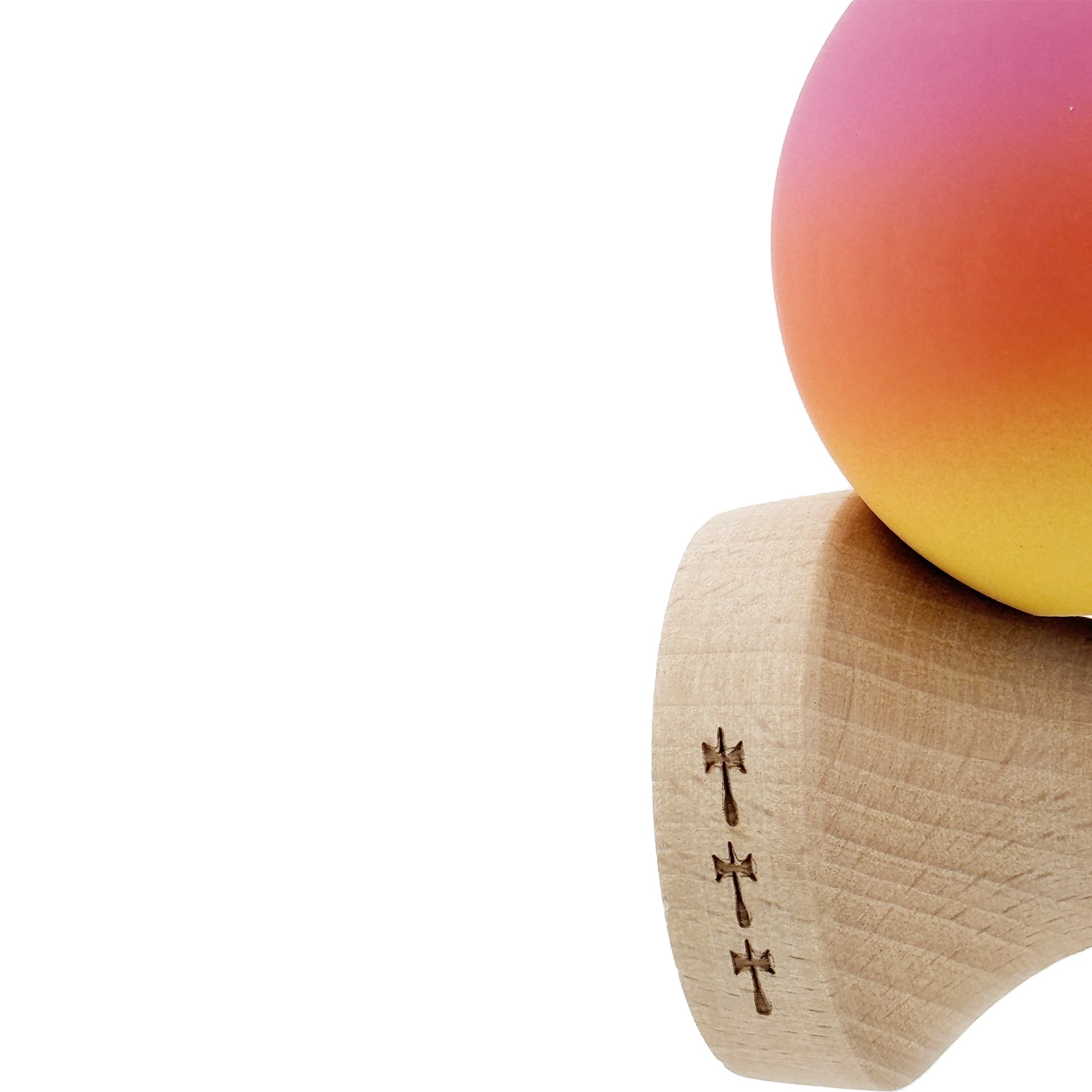 Kendama X Originala, Profesionala, Flippy, Cupe Mari KING SIZE V3, Rubber Grip, Gaura in Baza, Rulment Metalic, din lemn 18 cm, Ata 55 cm, Gradient Roz/Rosu/Galben