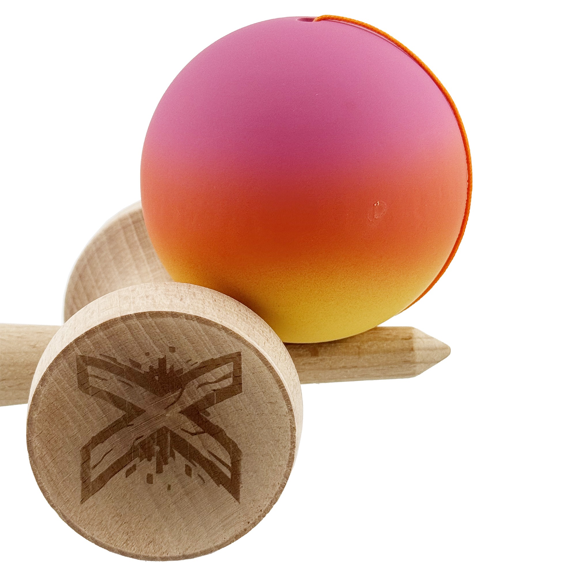 Kendama X Originala, Profesionala, Flippy, Cupe Mari KING SIZE V3, Rubber Grip, Gaura in Baza, Rulment Metalic, din lemn 18 cm, Ata 55 cm, Gradient Roz/Rosu/Galben