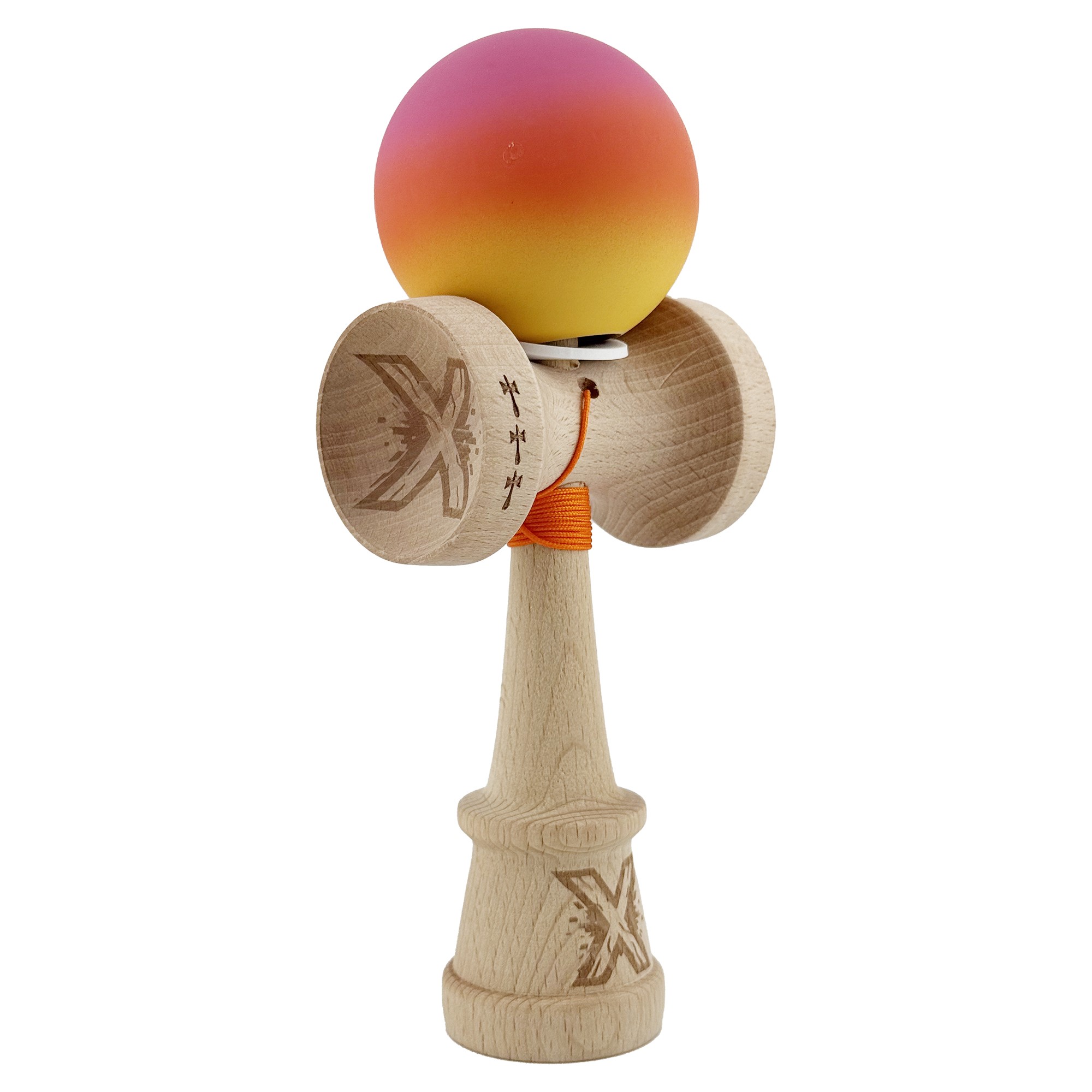 Kendama X Originala, Profesionala, Flippy, Cupe Mari KING SIZE V3, Rubber Grip, Gaura in Baza, Rulment Metalic, din lemn 18 cm, Ata 55 cm, Gradient Roz/Rosu/Galben