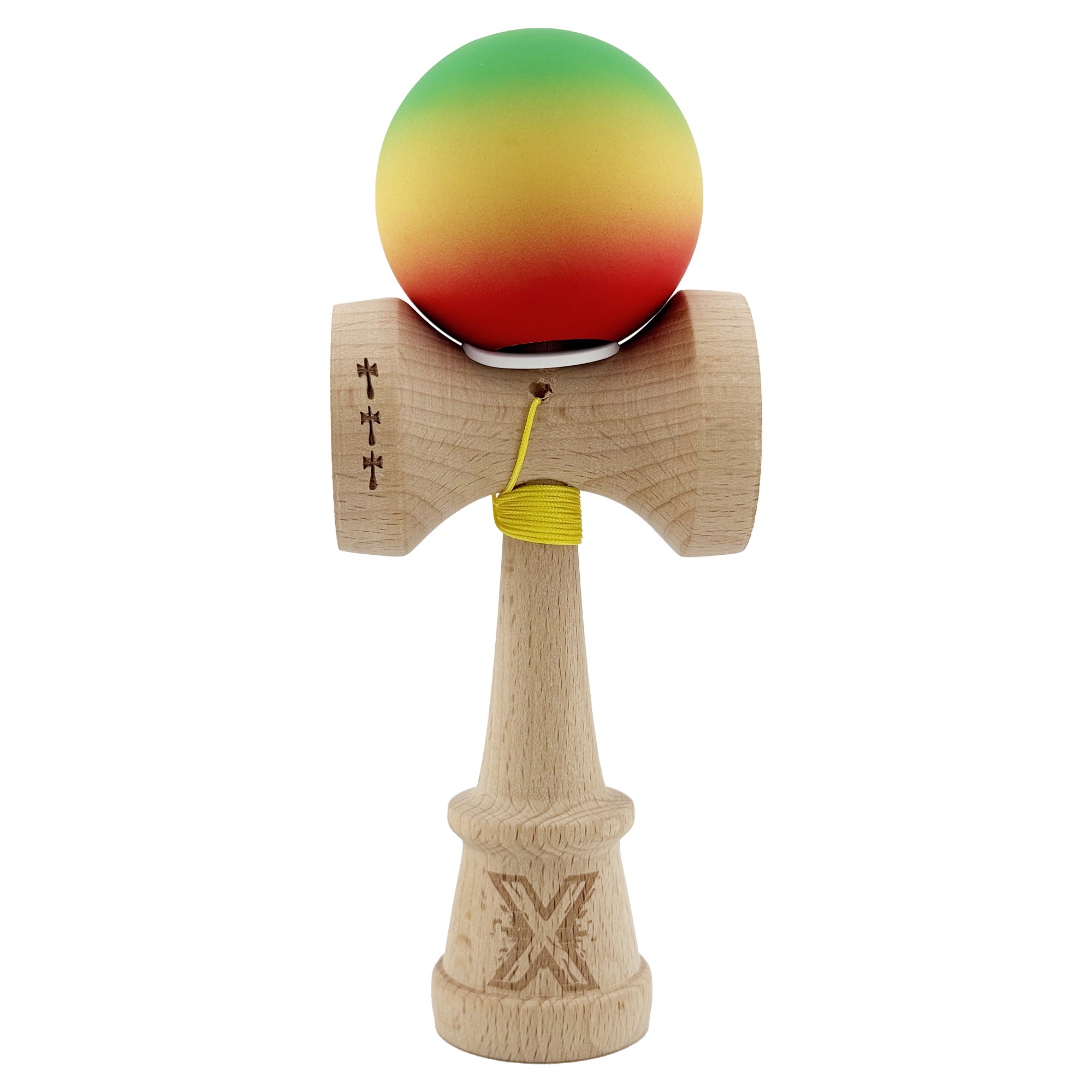 Kendama X Originala, Profesionala, Flippy, Cupe Mari KING SIZE V3, Rubber Grip, Gaura in Baza, Rulment Metalic, din lemn 18 cm, Ata 55 cm, Gradient Verde/Galben/Rosu