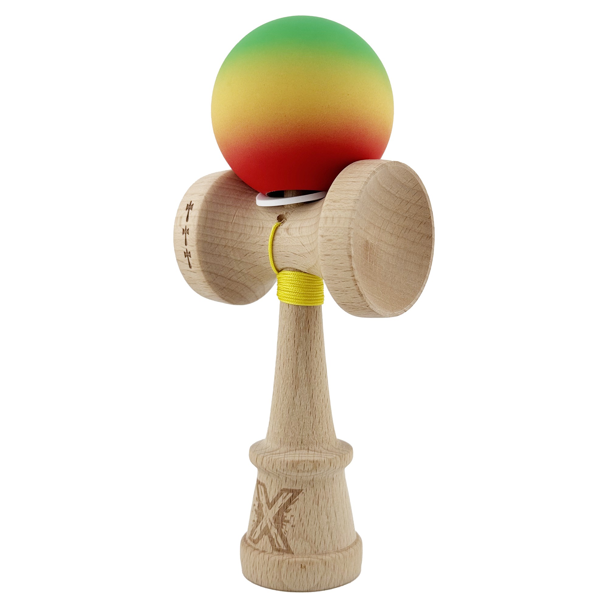 Kendama X Originala, Profesionala, Flippy, Cupe Mari KING SIZE V3, Rubber Grip, Gaura in Baza, Rulment Metalic, din lemn 18 cm, Ata 55 cm, Gradient Verde/Galben/Rosu