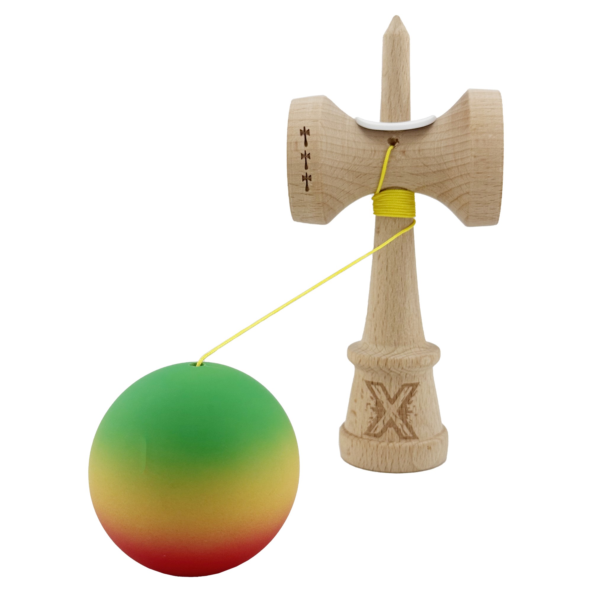 Kendama X Originala, Profesionala, Flippy, Cupe Mari KING SIZE V3, Rubber Grip, Gaura in Baza, Rulment Metalic, din lemn 18 cm, Ata 55 cm, Gradient Verde/Galben/Rosu