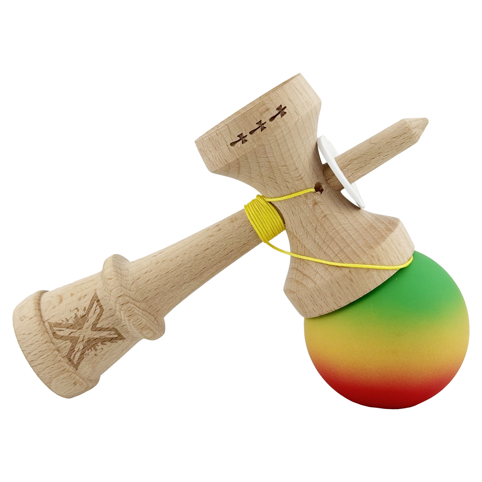 Kendama X Originala, Profesionala, Flippy, Cupe Mari KING SIZE V3, Rubber Grip, Gaura in Baza, Rulment Metalic, din lemn 18 cm, Ata 55 cm, Gradient Verde/Galben/Rosu