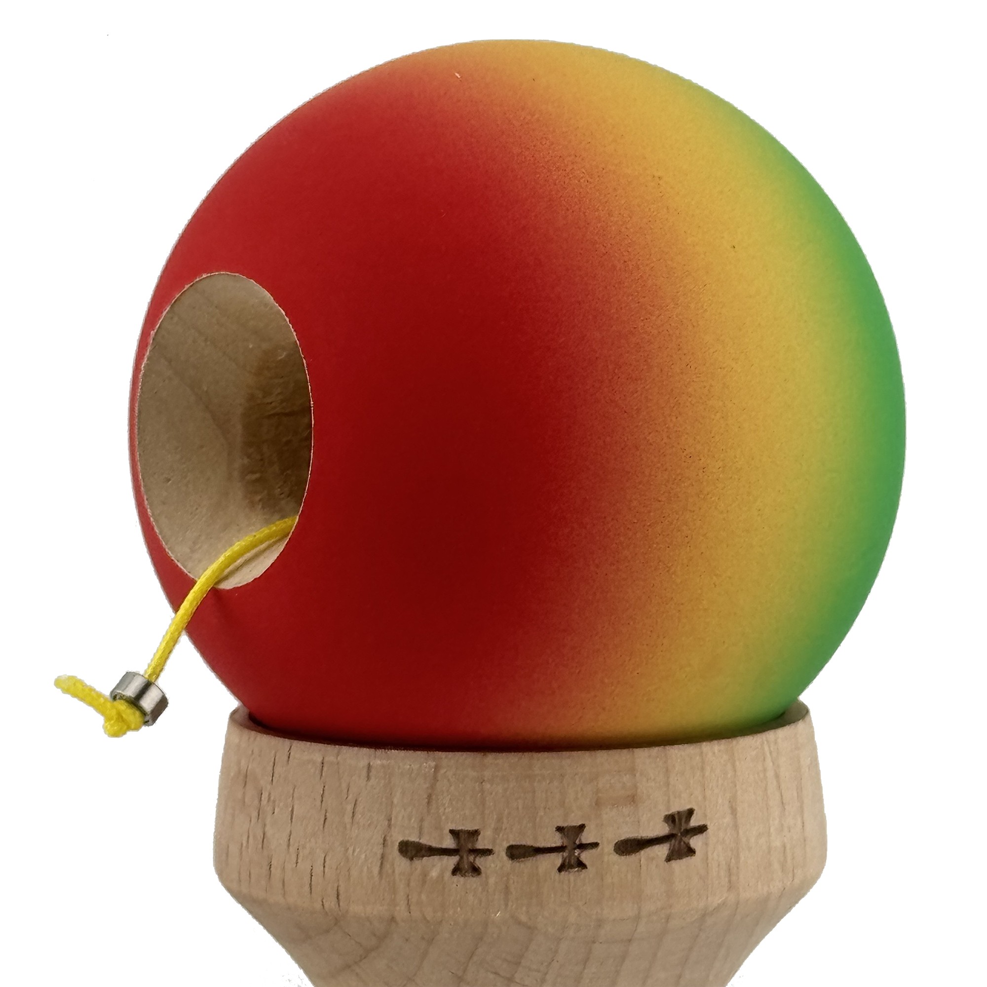 Kendama X Originala, Profesionala, Flippy, Cupe Mari KING SIZE V3, Rubber Grip, Gaura in Baza, Rulment Metalic, din lemn 18 cm, Ata 55 cm, Gradient Verde/Galben/Rosu