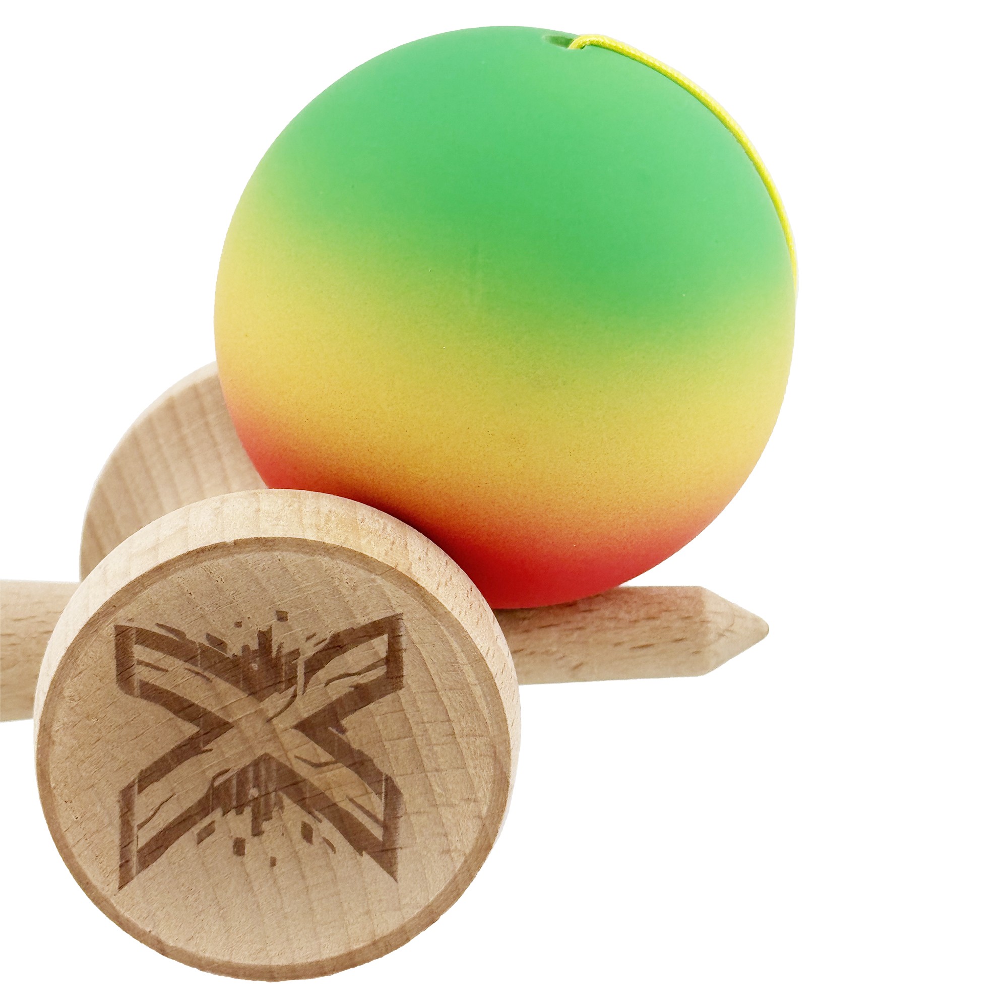 Kendama X Originala, Profesionala, Flippy, Cupe Mari KING SIZE V3, Rubber Grip, Gaura in Baza, Rulment Metalic, din lemn 18 cm, Ata 55 cm, Gradient Verde/Galben/Rosu