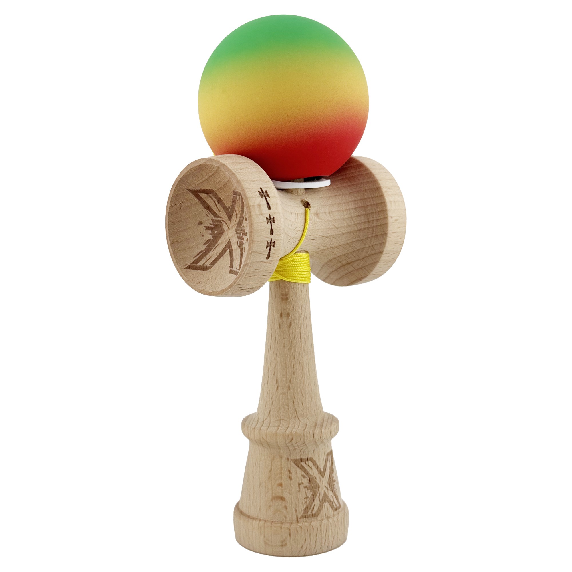 Kendama X Originala, Profesionala, Flippy, Cupe Mari KING SIZE V3, Rubber Grip, Gaura in Baza, Rulment Metalic, din lemn 18 cm, Ata 55 cm, Gradient Verde/Galben/Rosu