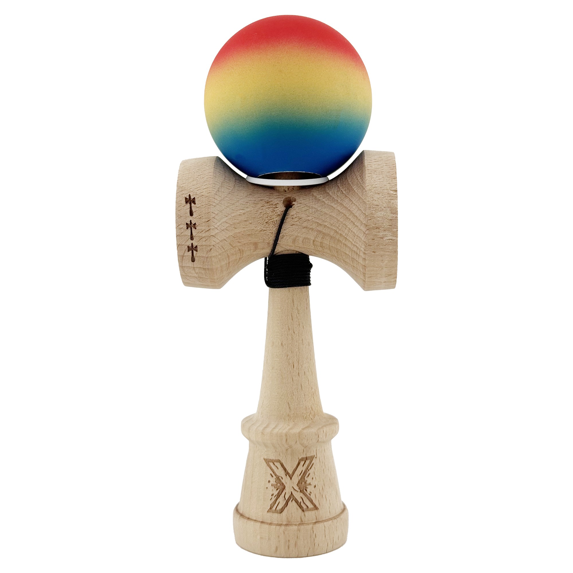 Kendama X Originala, Profesionala, Flippy, Cupe Mari KING SIZE V3, Rubber Grip, Gaura in Baza, Rulment Metalic, din lemn 18 cm, Ata 55 cm, Gradient Rosu/Galben/Albastru