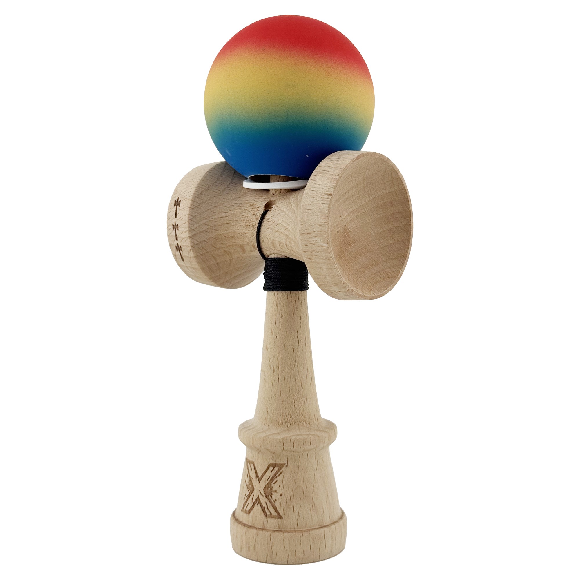 Kendama X Originala, Profesionala, Flippy, Cupe Mari KING SIZE V3, Rubber Grip, Gaura in Baza, Rulment Metalic, din lemn 18 cm, Ata 55 cm, Gradient Rosu/Galben/Albastru