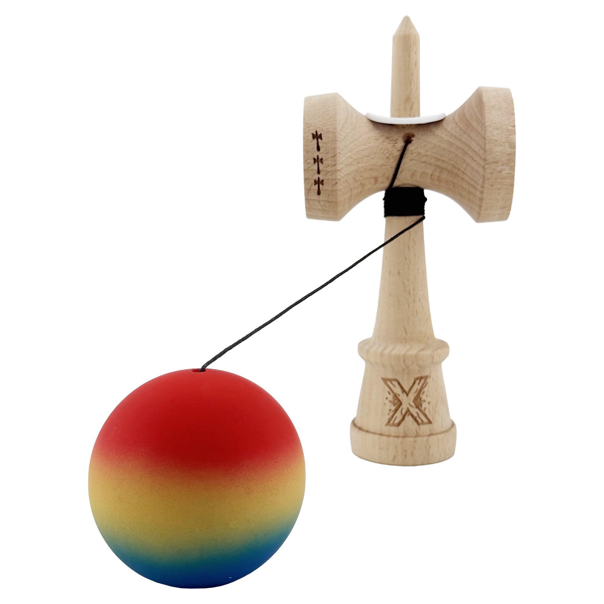 Kendama X Originala, Profesionala, Flippy, Cupe Mari KING SIZE V3, Rubber Grip, Gaura in Baza, Rulment Metalic, din lemn 18 cm, Ata 55 cm, Gradient Rosu/Galben/Albastru