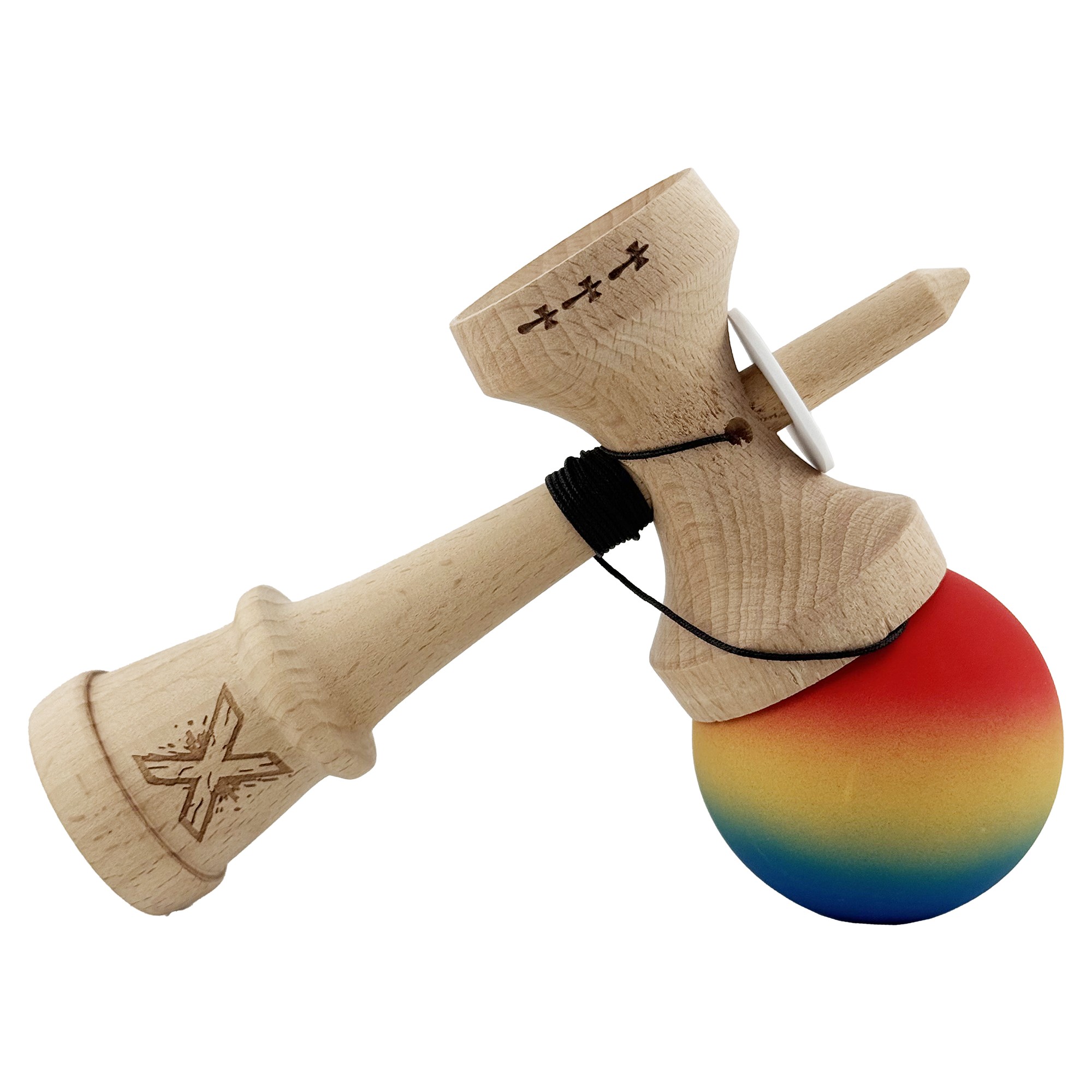 Kendama X Originala, Profesionala, Flippy, Cupe Mari KING SIZE V3, Rubber Grip, Gaura in Baza, Rulment Metalic, din lemn 18 cm, Ata 55 cm, Gradient Rosu/Galben/Albastru