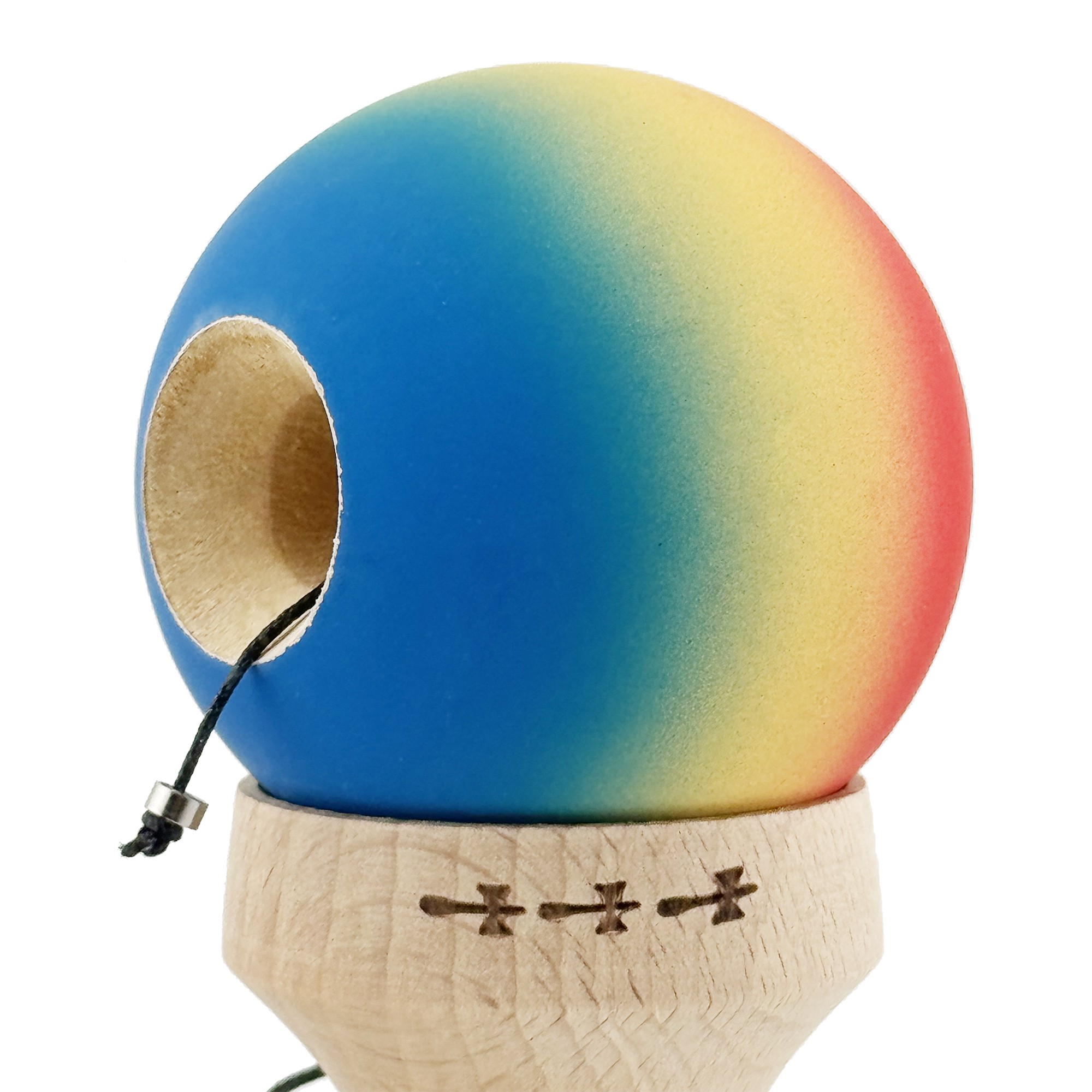 Kendama X Originala, Profesionala, Flippy, Cupe Mari KING SIZE V3, Rubber Grip, Gaura in Baza, Rulment Metalic, din lemn 18 cm, Ata 55 cm, Gradient Rosu/Galben/Albastru