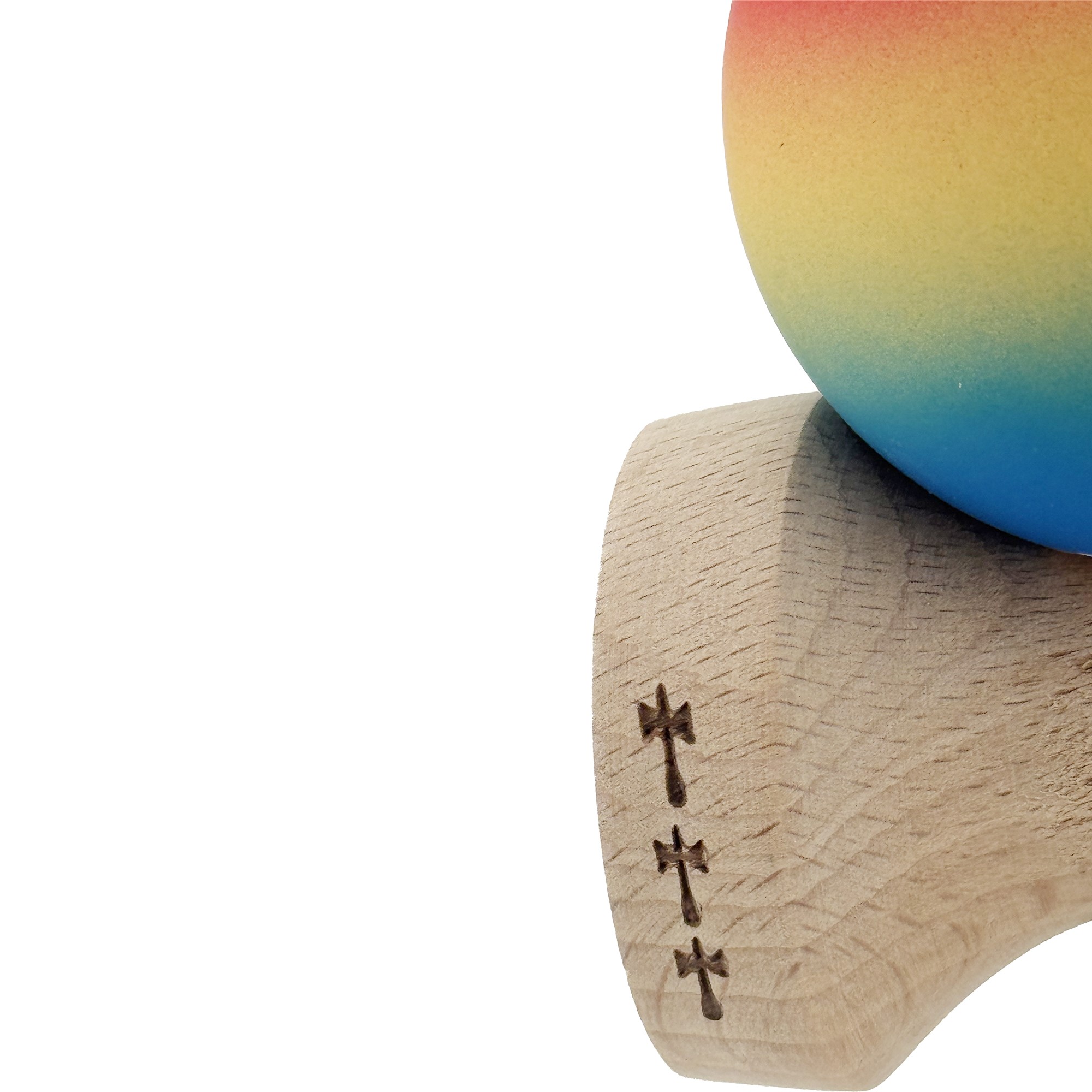 Kendama X Originala, Profesionala, Flippy, Cupe Mari KING SIZE V3, Rubber Grip, Gaura in Baza, Rulment Metalic, din lemn 18 cm, Ata 55 cm, Gradient Rosu/Galben/Albastru