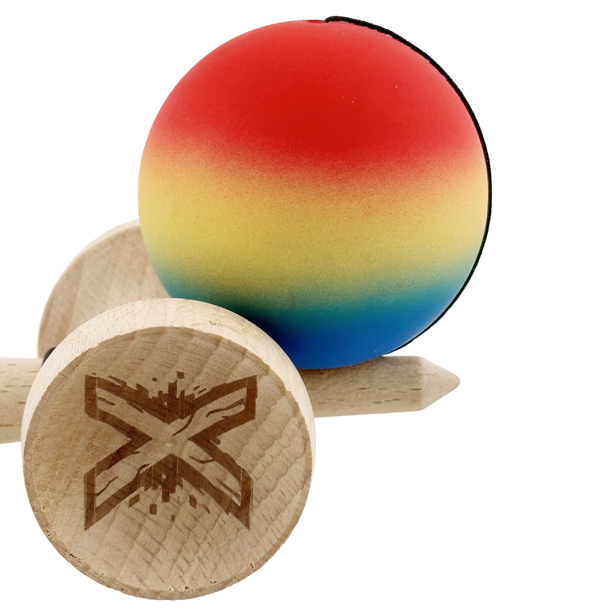 Kendama X Originala, Profesionala, Flippy, Cupe Mari KING SIZE V3, Rubber Grip, Gaura in Baza, Rulment Metalic, din lemn 18 cm, Ata 55 cm, Gradient Rosu/Galben/Albastru