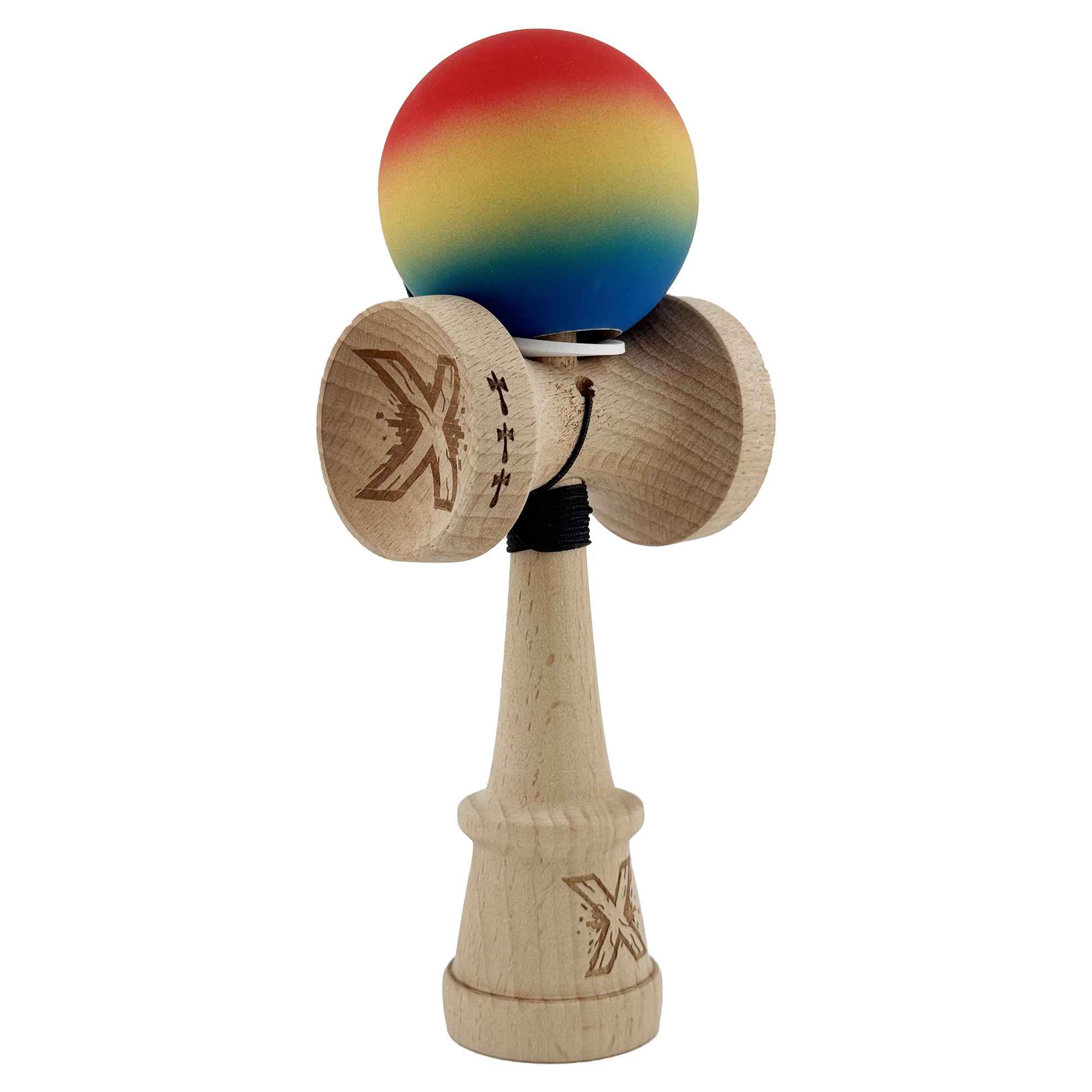 Kendama X Originala, Profesionala, Flippy, Cupe Mari KING SIZE V3, Rubber Grip, Gaura in Baza, Rulment Metalic, din lemn 18 cm, Ata 55 cm, Gradient Rosu/Galben/Albastru