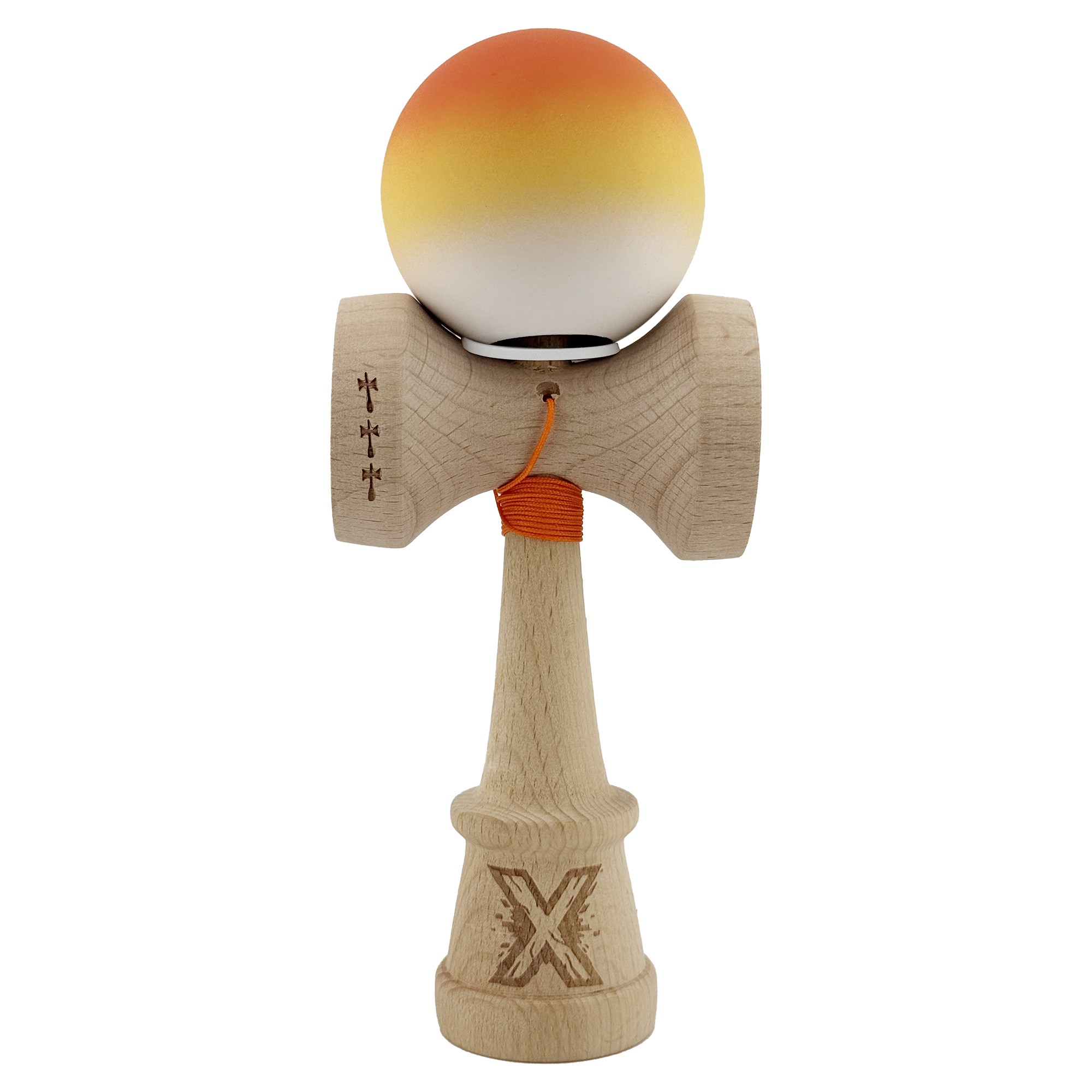 Kendama X Originala, Profesionala, Flippy, Cupe Mari KING SIZE V3, Rubber Grip, Gaura in Baza, Rulment Metalic, din lemn 18 cm, Ata 55 cm, Gradient Portocaliu/Galben/Alb