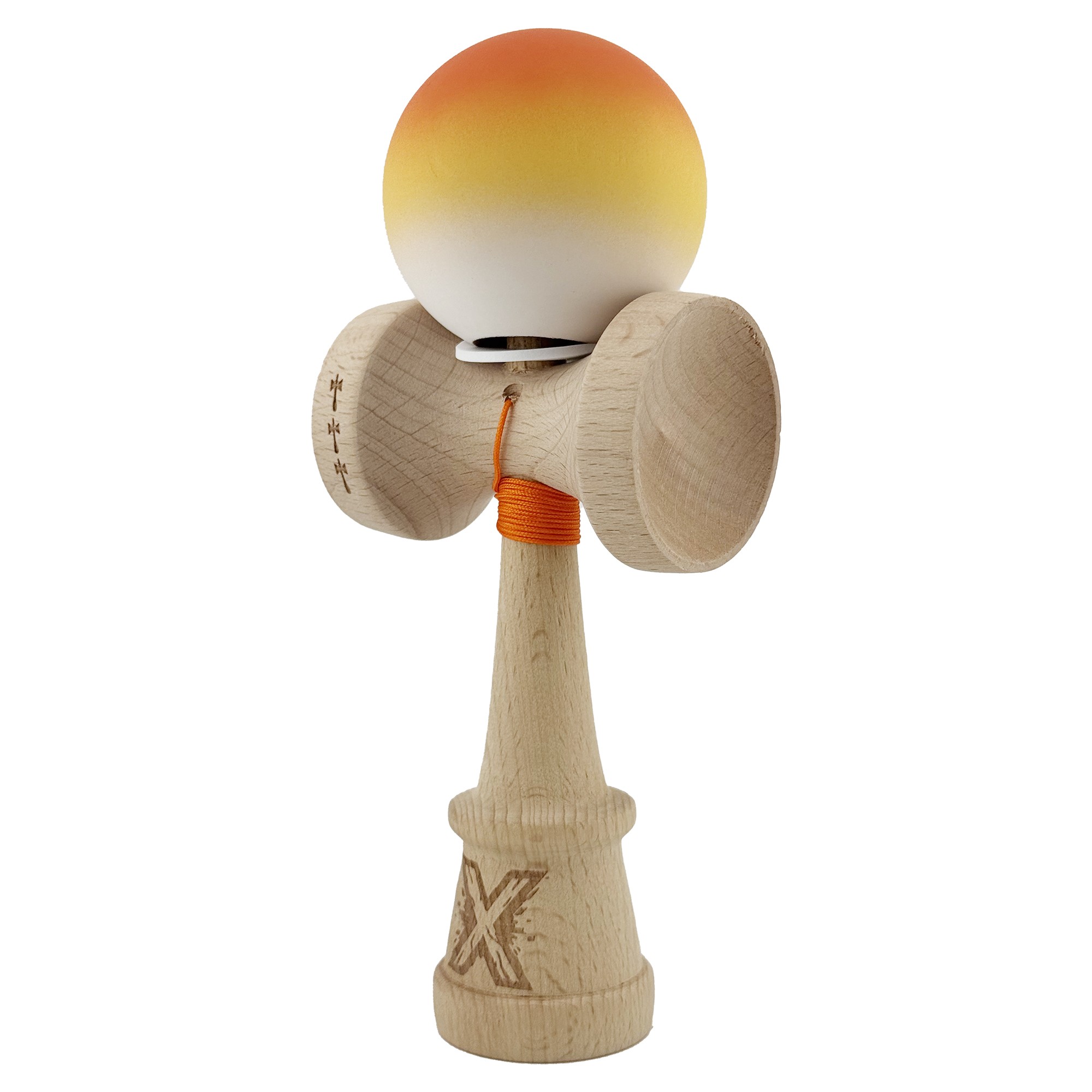 Kendama X Originala, Profesionala, Flippy, Cupe Mari KING SIZE V3, Rubber Grip, Gaura in Baza, Rulment Metalic, din lemn 18 cm, Ata 55 cm, Gradient Portocaliu/Galben/Alb