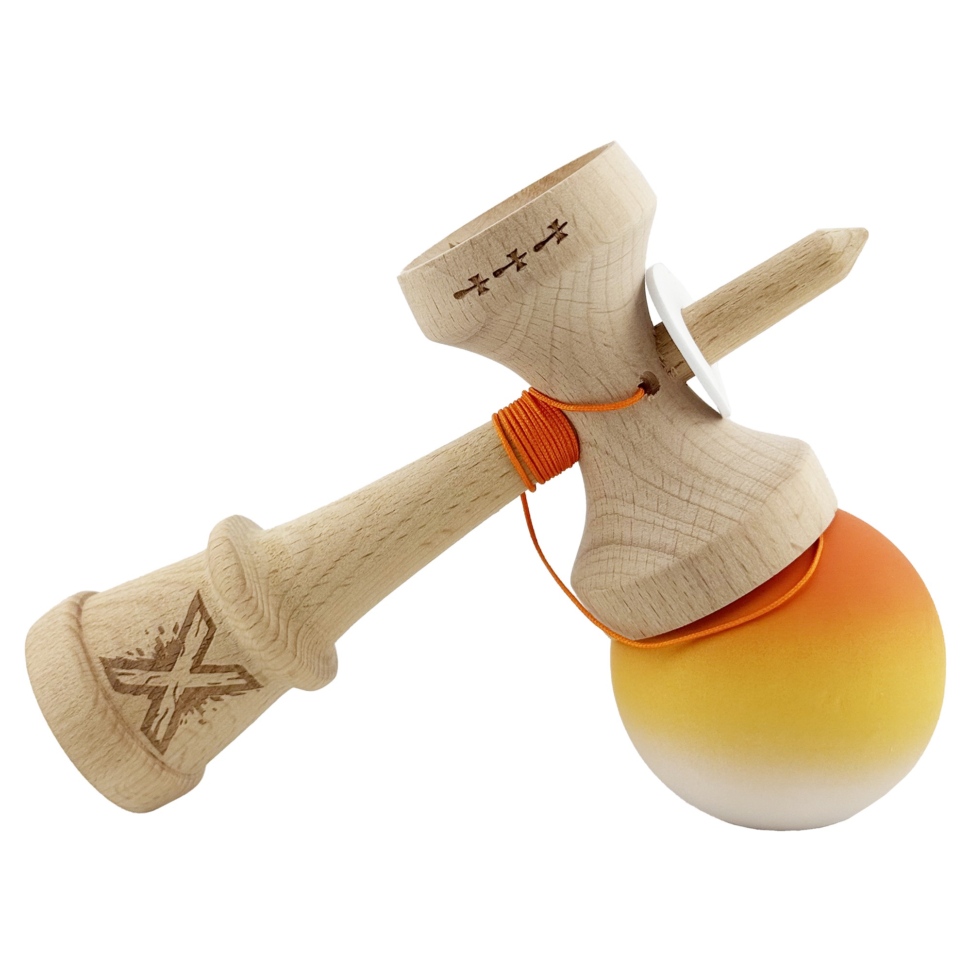 Kendama X Originala, Profesionala, Flippy, Cupe Mari KING SIZE V3, Rubber Grip, Gaura in Baza, Rulment Metalic, din lemn 18 cm, Ata 55 cm, Gradient Portocaliu/Galben/Alb