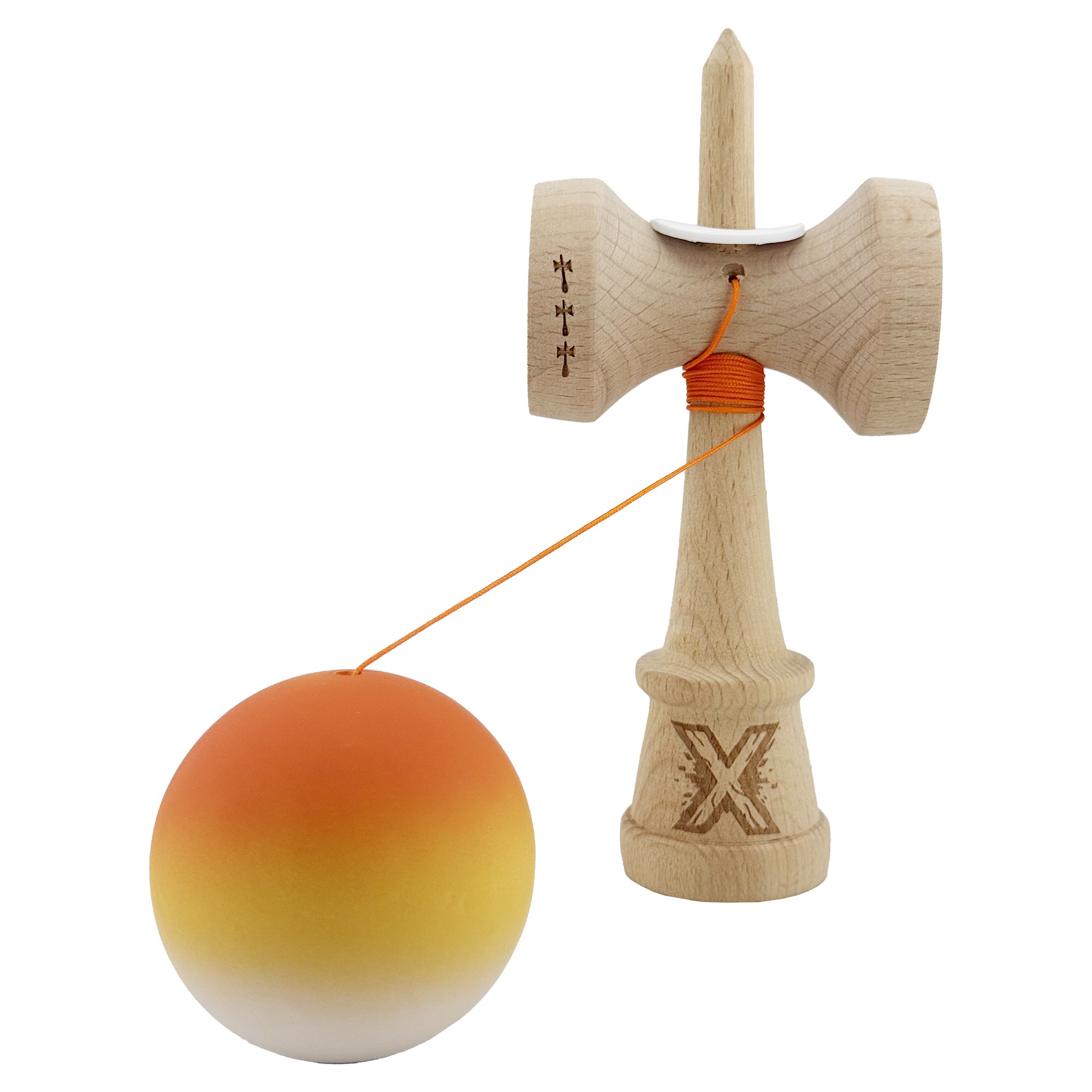Kendama X Originala, Profesionala, Flippy, Cupe Mari KING SIZE V3, Rubber Grip, Gaura in Baza, Rulment Metalic, din lemn 18 cm, Ata 55 cm, Gradient Portocaliu/Galben/Alb