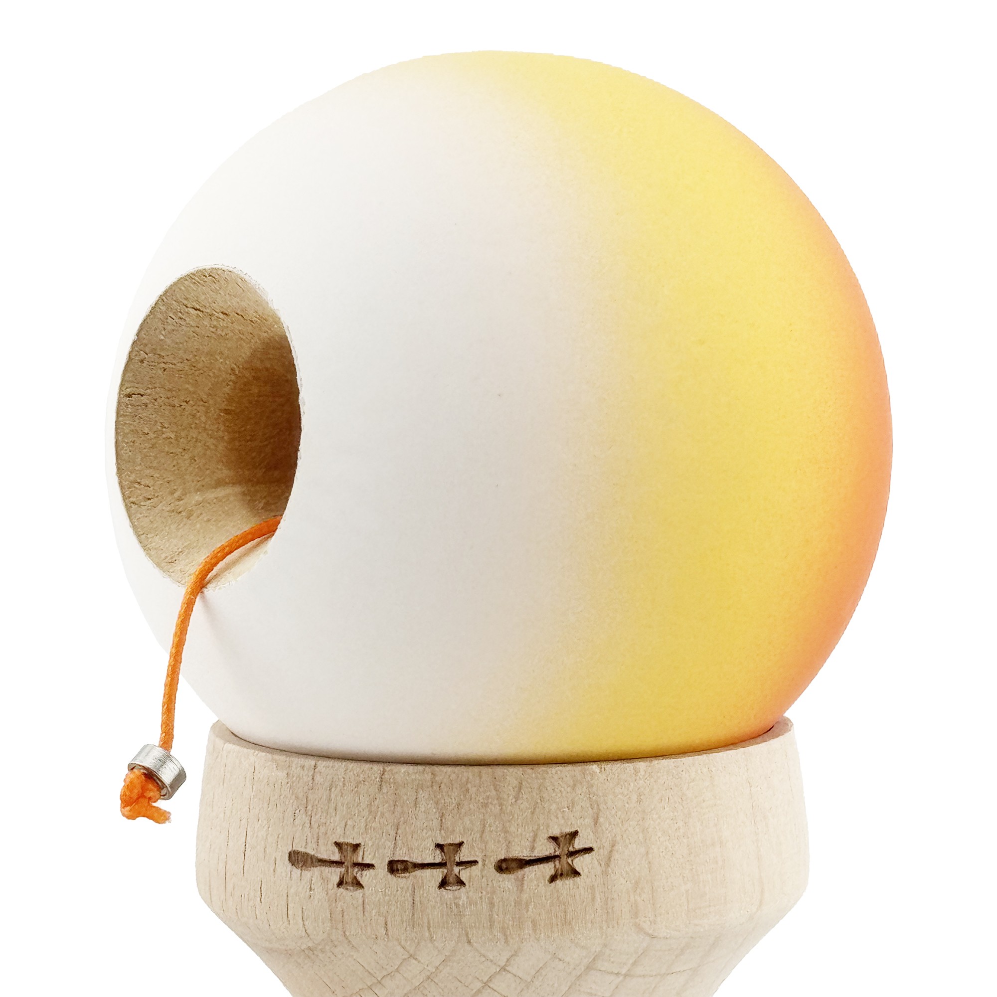 Kendama X Originala, Profesionala, Flippy, Cupe Mari KING SIZE V3, Rubber Grip, Gaura in Baza, Rulment Metalic, din lemn 18 cm, Ata 55 cm, Gradient Portocaliu/Galben/Alb