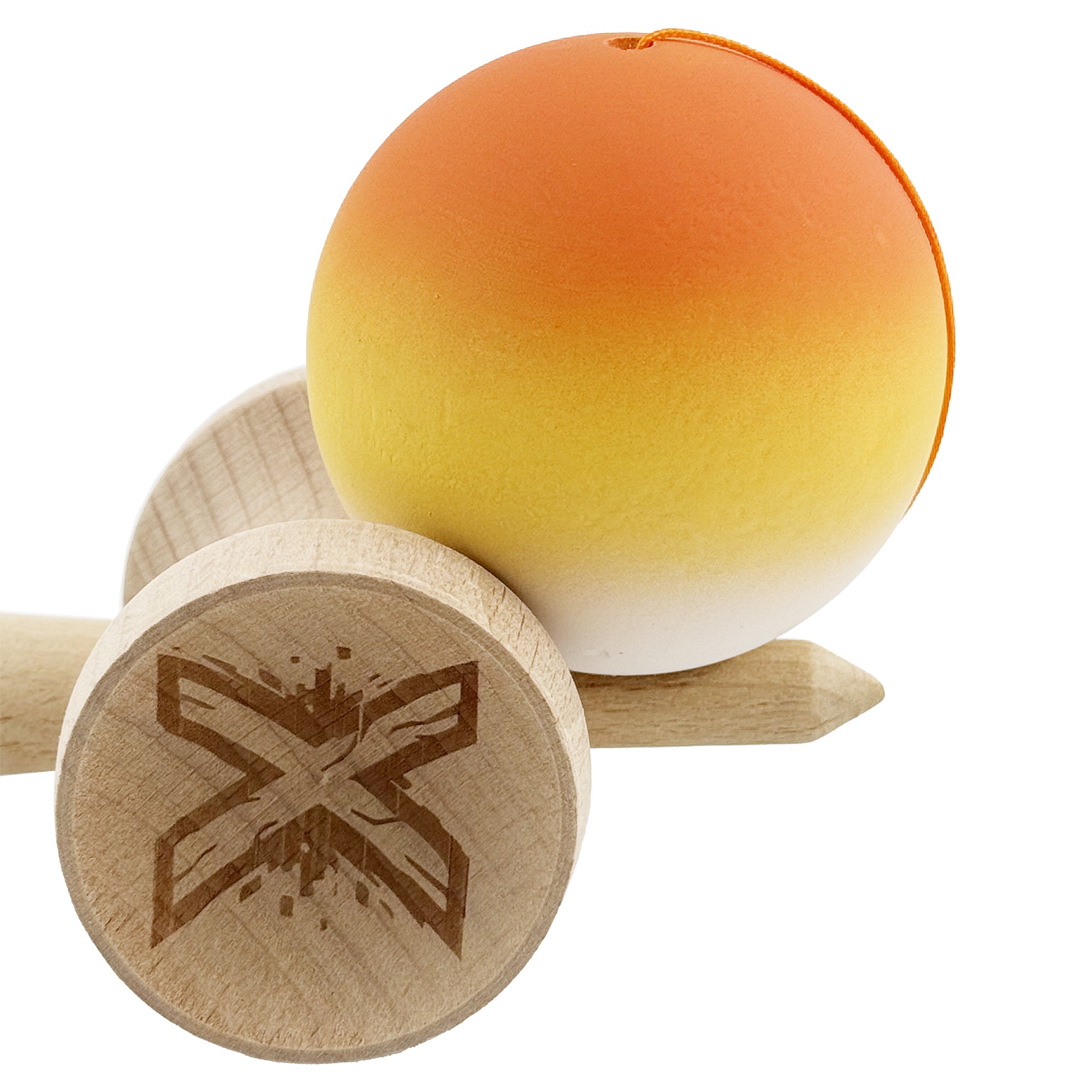 Kendama X Originala, Profesionala, Flippy, Cupe Mari KING SIZE V3, Rubber Grip, Gaura in Baza, Rulment Metalic, din lemn 18 cm, Ata 55 cm, Gradient Portocaliu/Galben/Alb