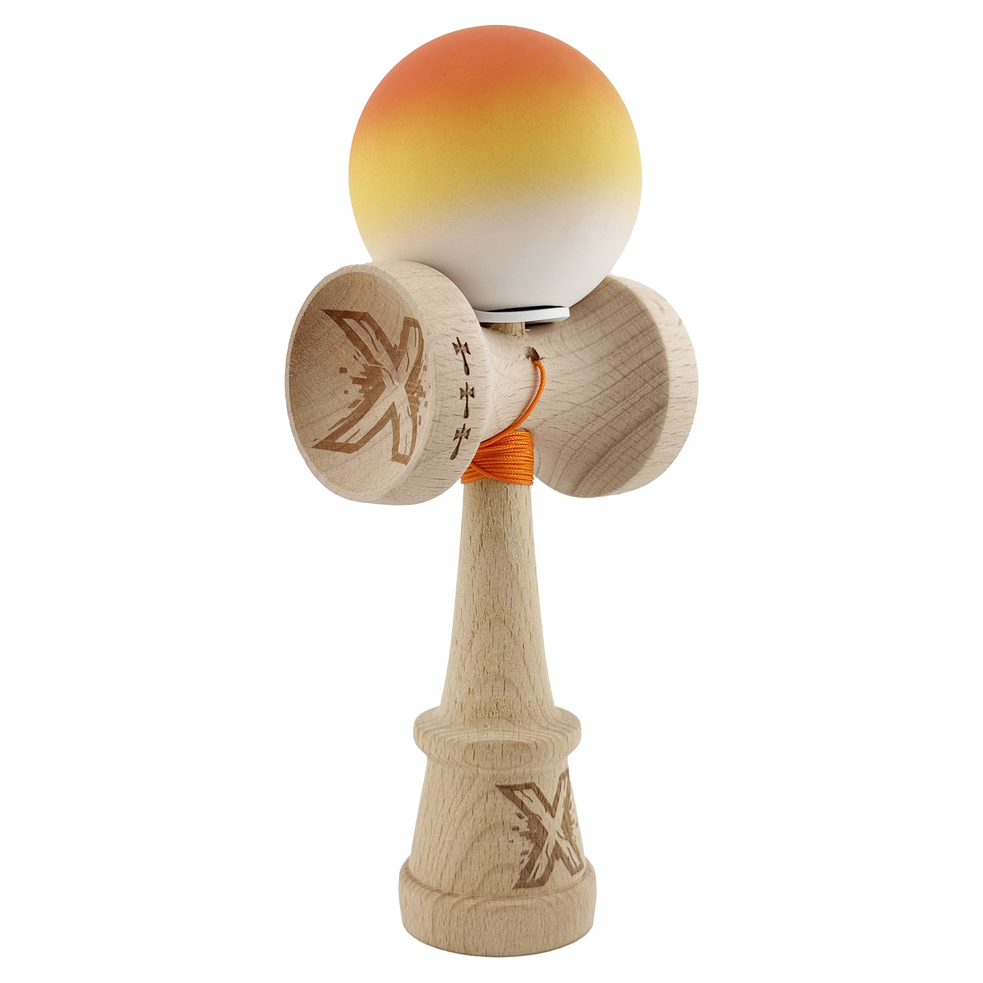 Kendama X Originala, Profesionala, Flippy, Cupe Mari KING SIZE V3, Rubber Grip, Gaura in Baza, Rulment Metalic, din lemn 18 cm, Ata 55 cm, Gradient Portocaliu/Galben/Alb