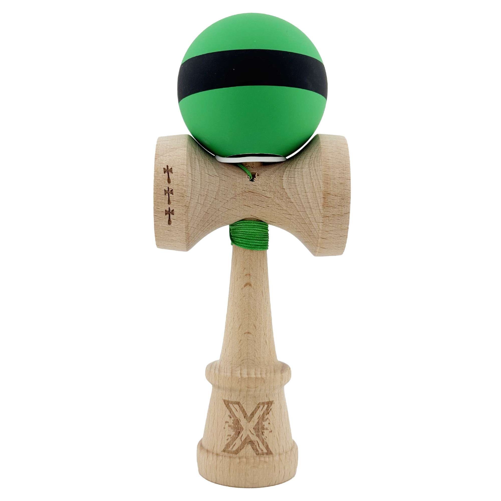 Kendama X Originala, Profesionala, Flippy, Cupe Mari KING SIZE V3, Rubber Grip, Gaura in Baza, Rulment Metalic, din lemn 18 cm, Ata 55 cm, M Bicolor Verde Dublu/Negru