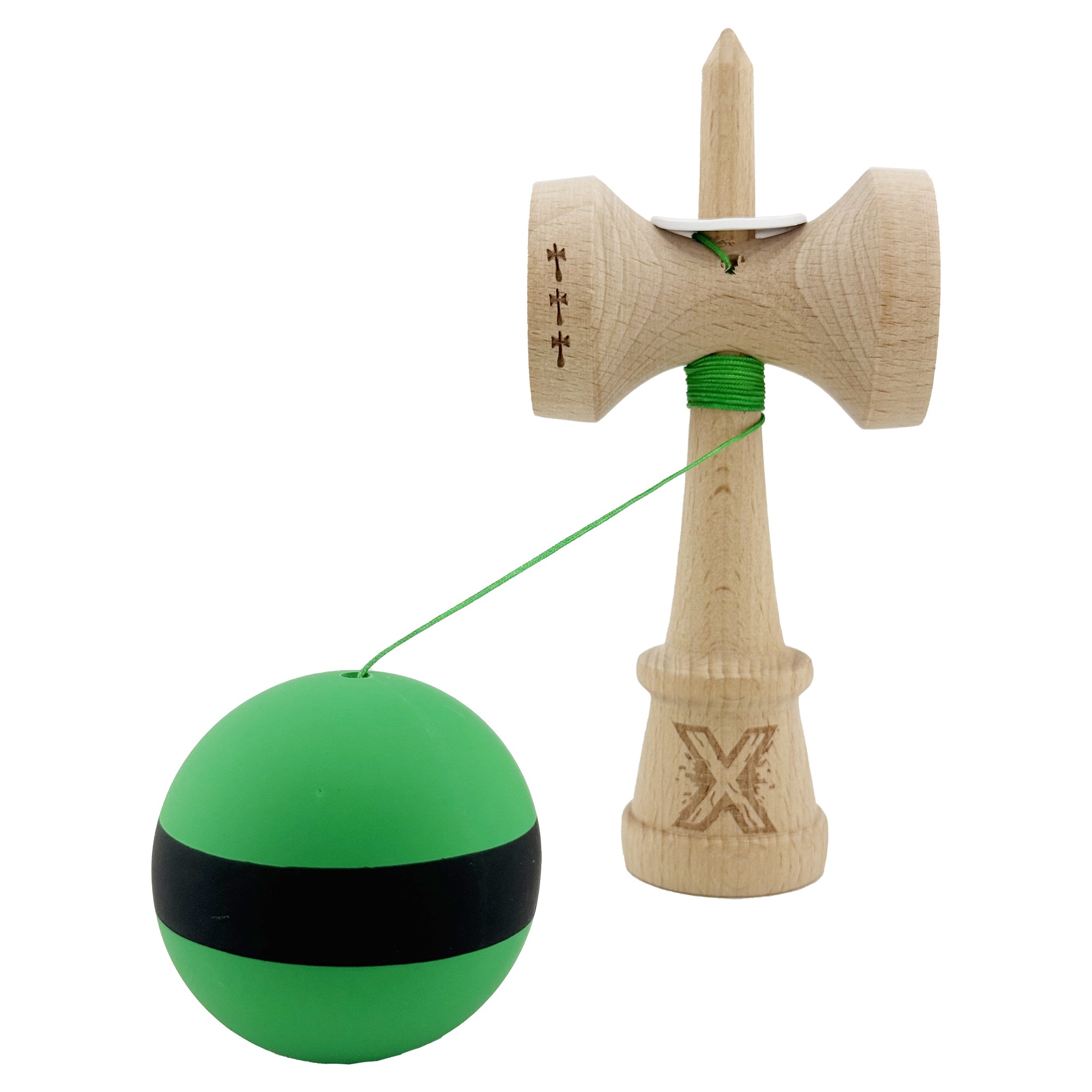 Kendama X Originala, Profesionala, Flippy, Cupe Mari KING SIZE V3, Rubber Grip, Gaura in Baza, Rulment Metalic, din lemn 18 cm, Ata 55 cm, M Bicolor Verde Dublu/Negru