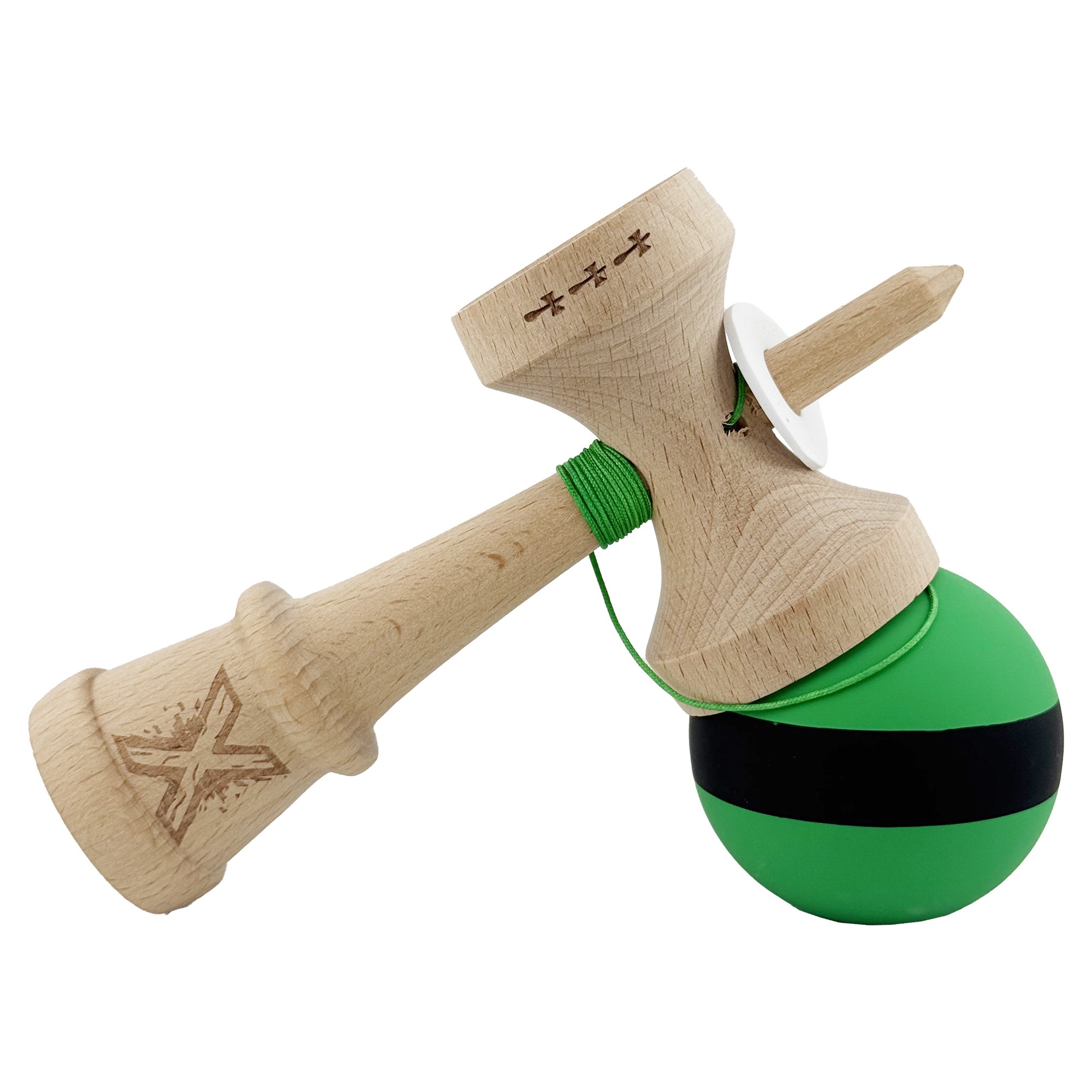 Kendama X Originala, Profesionala, Flippy, Cupe Mari KING SIZE V3, Rubber Grip, Gaura in Baza, Rulment Metalic, din lemn 18 cm, Ata 55 cm, M Bicolor Verde Dublu/Negru