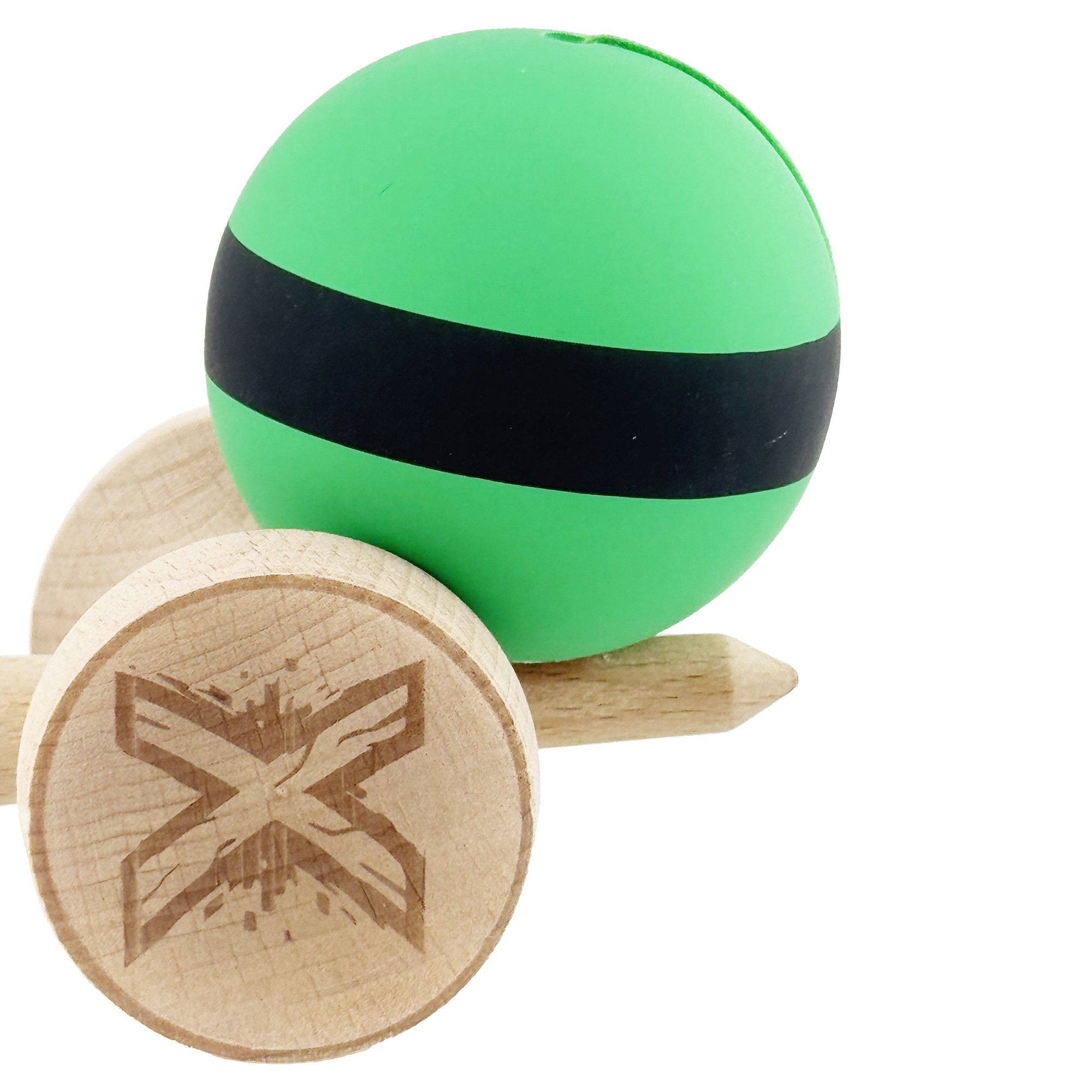 Kendama X Originala, Profesionala, Flippy, Cupe Mari KING SIZE V3, Rubber Grip, Gaura in Baza, Rulment Metalic, din lemn 18 cm, Ata 55 cm, M Bicolor Verde Dublu/Negru