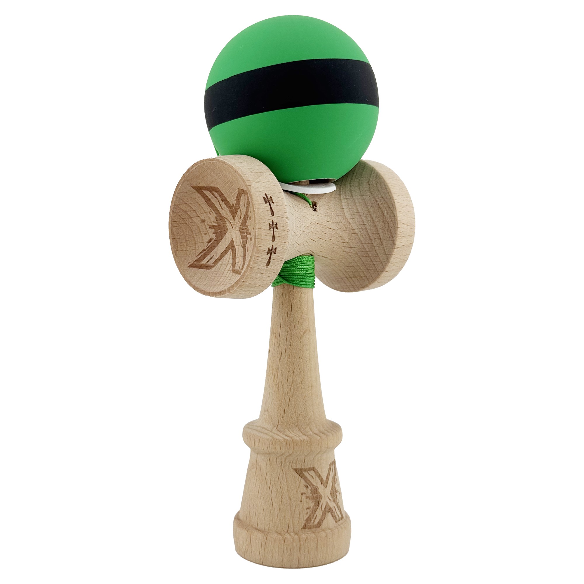 Kendama X Originala, Profesionala, Flippy, Cupe Mari KING SIZE V3, Rubber Grip, Gaura in Baza, Rulment Metalic, din lemn 18 cm, Ata 55 cm, M Bicolor Verde Dublu/Negru