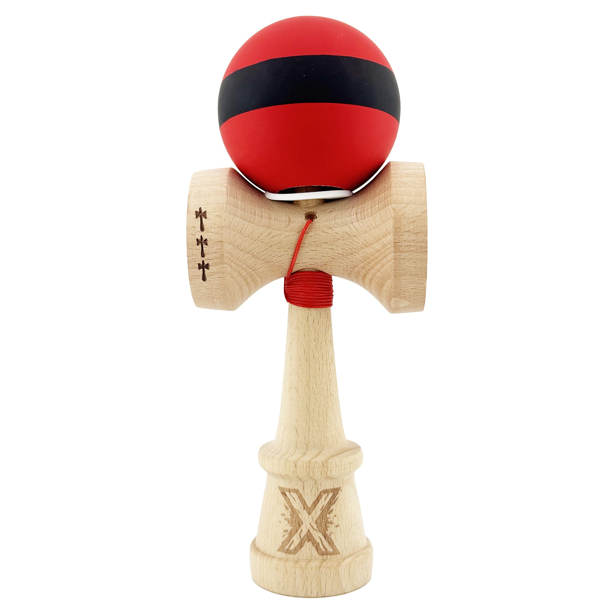 Kendama X Originala, Profesionala, Flippy, Cupe Mari KING SIZE V3, Rubber Grip, Gaura in Baza, Rulment Metalic, din lemn 18 cm, Ata 55 cm, M Bicolor Rosu Dublu/Negru
