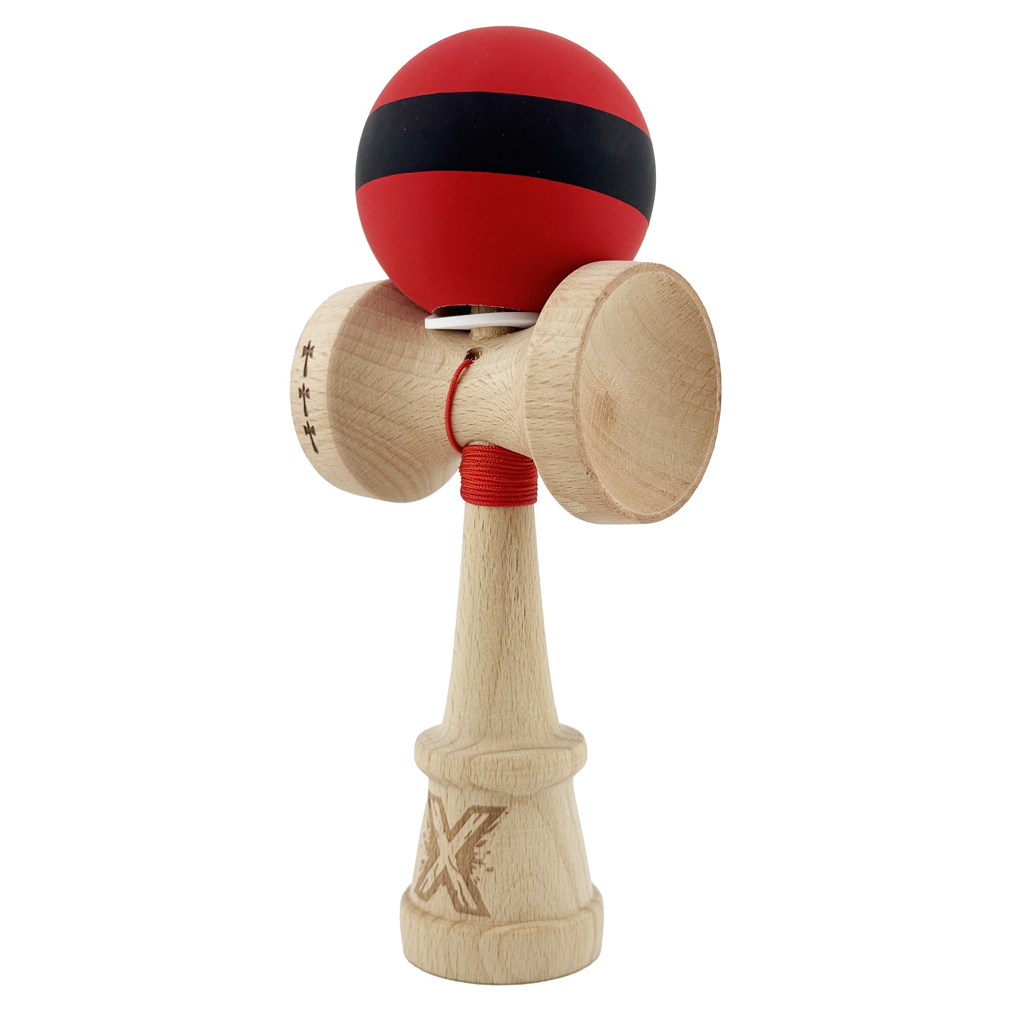 Kendama X Originala, Profesionala, Flippy, Cupe Mari KING SIZE V3, Rubber Grip, Gaura in Baza, Rulment Metalic, din lemn 18 cm, Ata 55 cm, M Bicolor Rosu Dublu/Negru